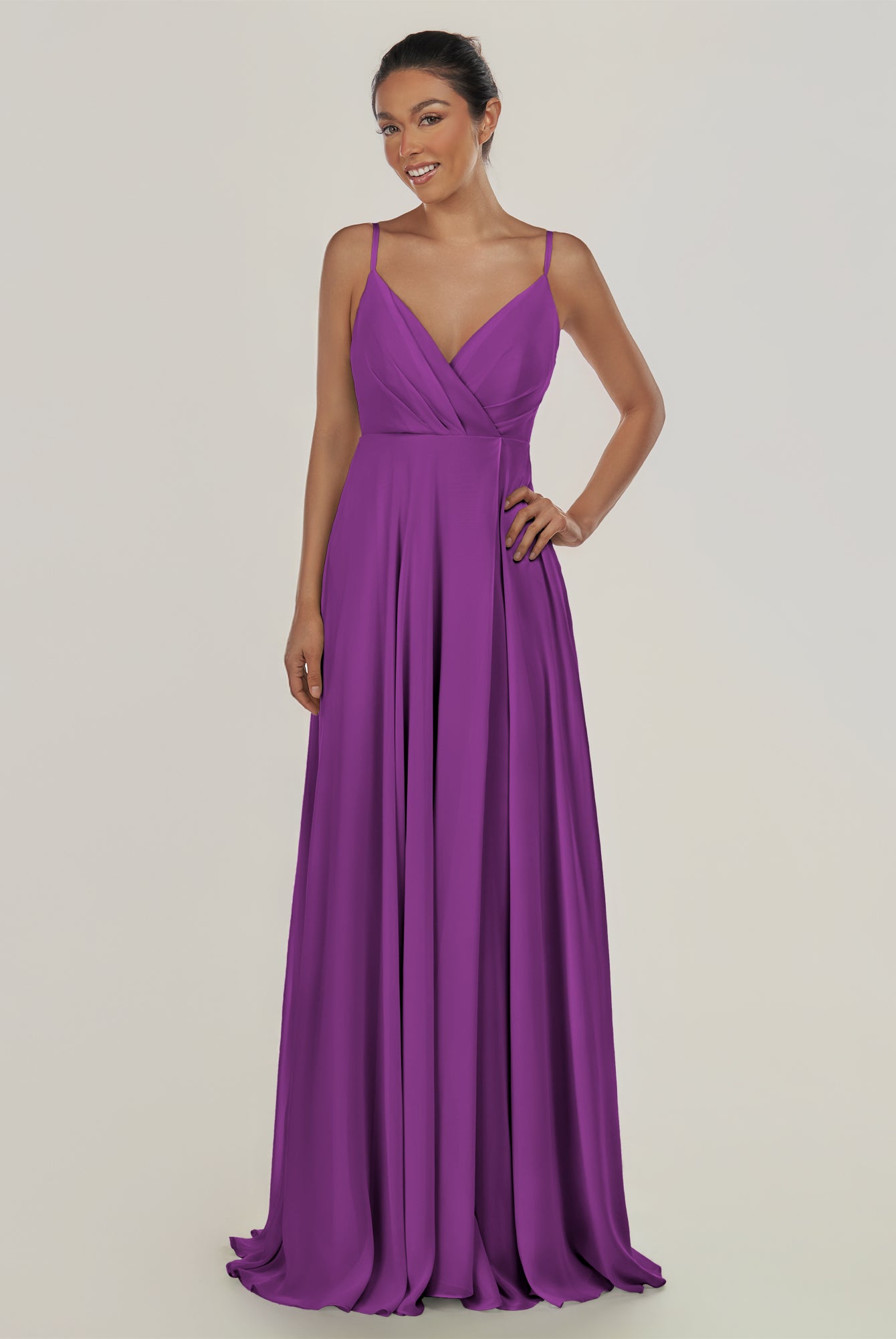 KissDress-Risa Amethyst A Line Chiffon V Neck Long Bridesmaid Dress with Pleats