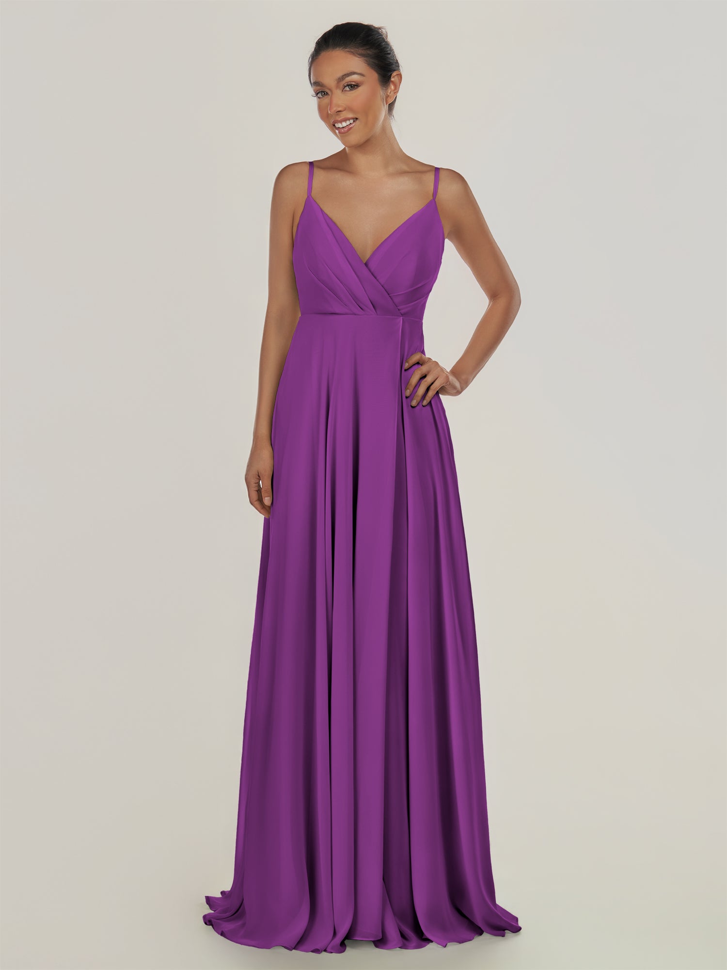 KissDress-Risa Amethyst A Line Chiffon V Neck Long Bridesmaid Dress with Pleats