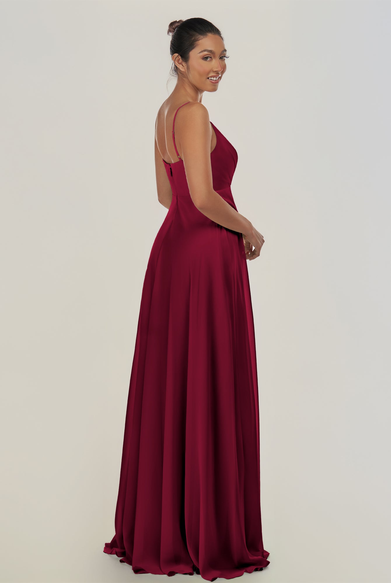 KissDress-Risa Berry A Line Chiffon V Neck Long Bridesmaid Dress with Pleats