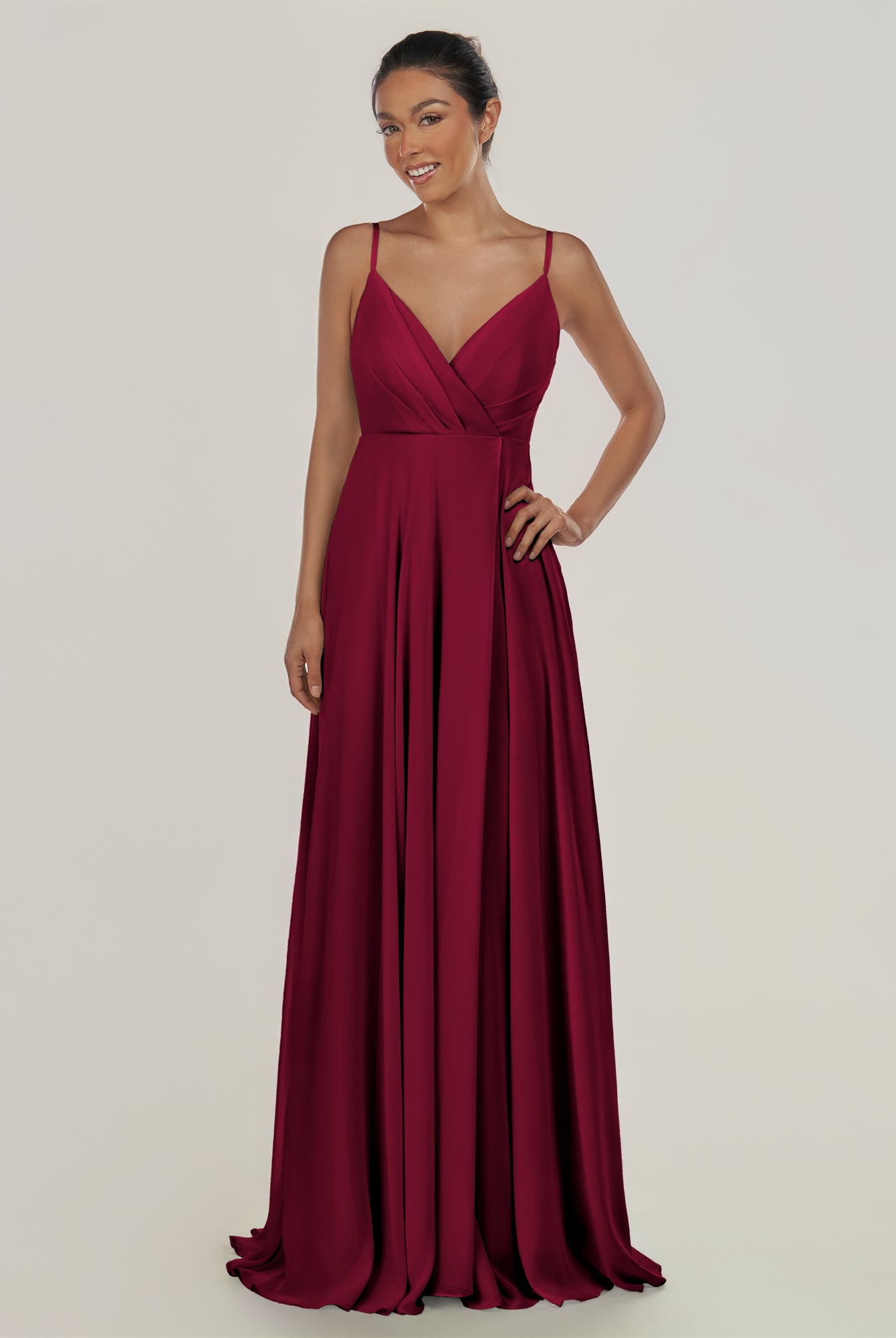 KissDress-Risa Berry A Line Chiffon V Neck Long Bridesmaid Dress with Pleats