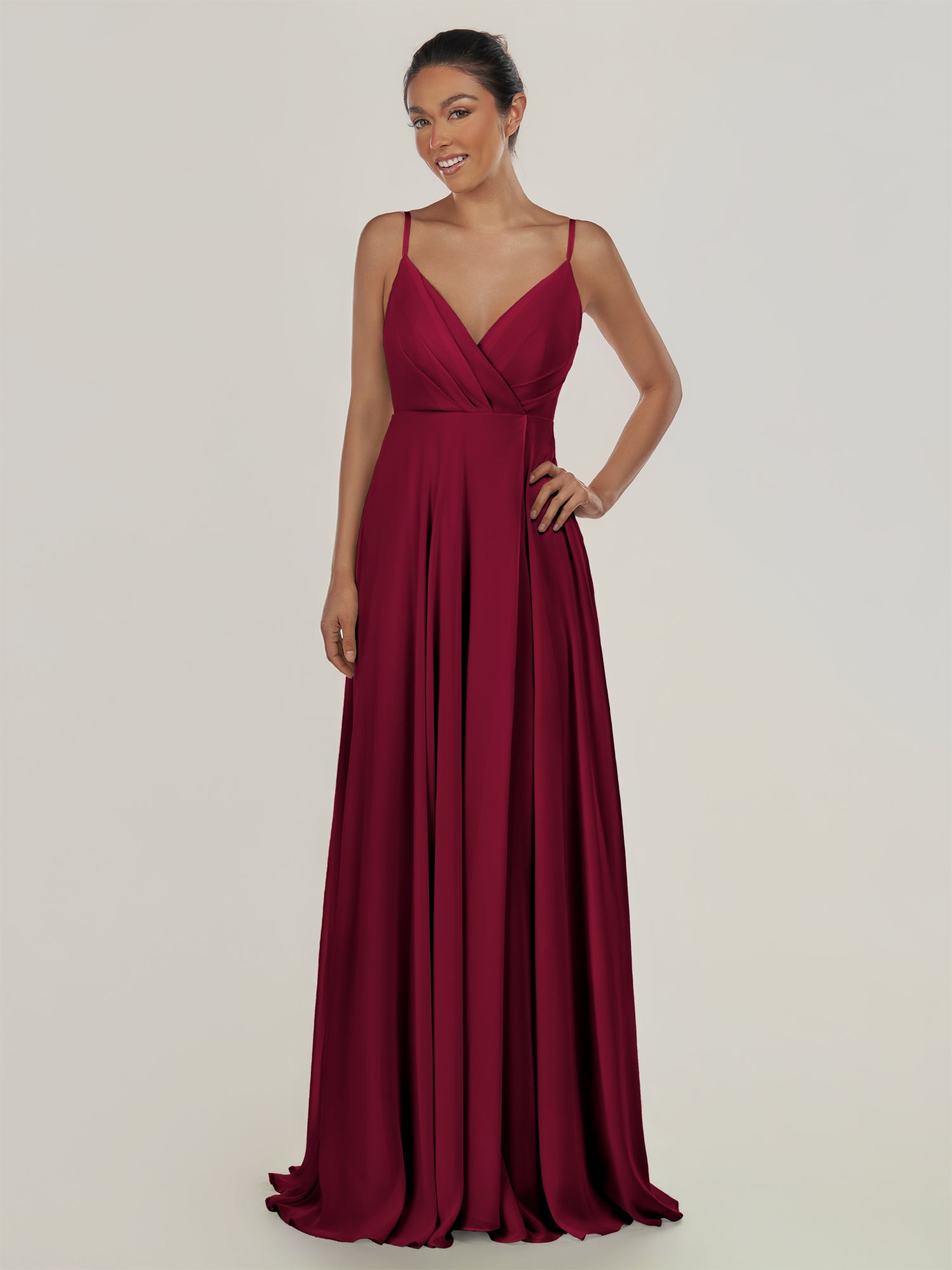 KissDress-Risa Berry A Line Chiffon V Neck Long Bridesmaid Dress with Pleats