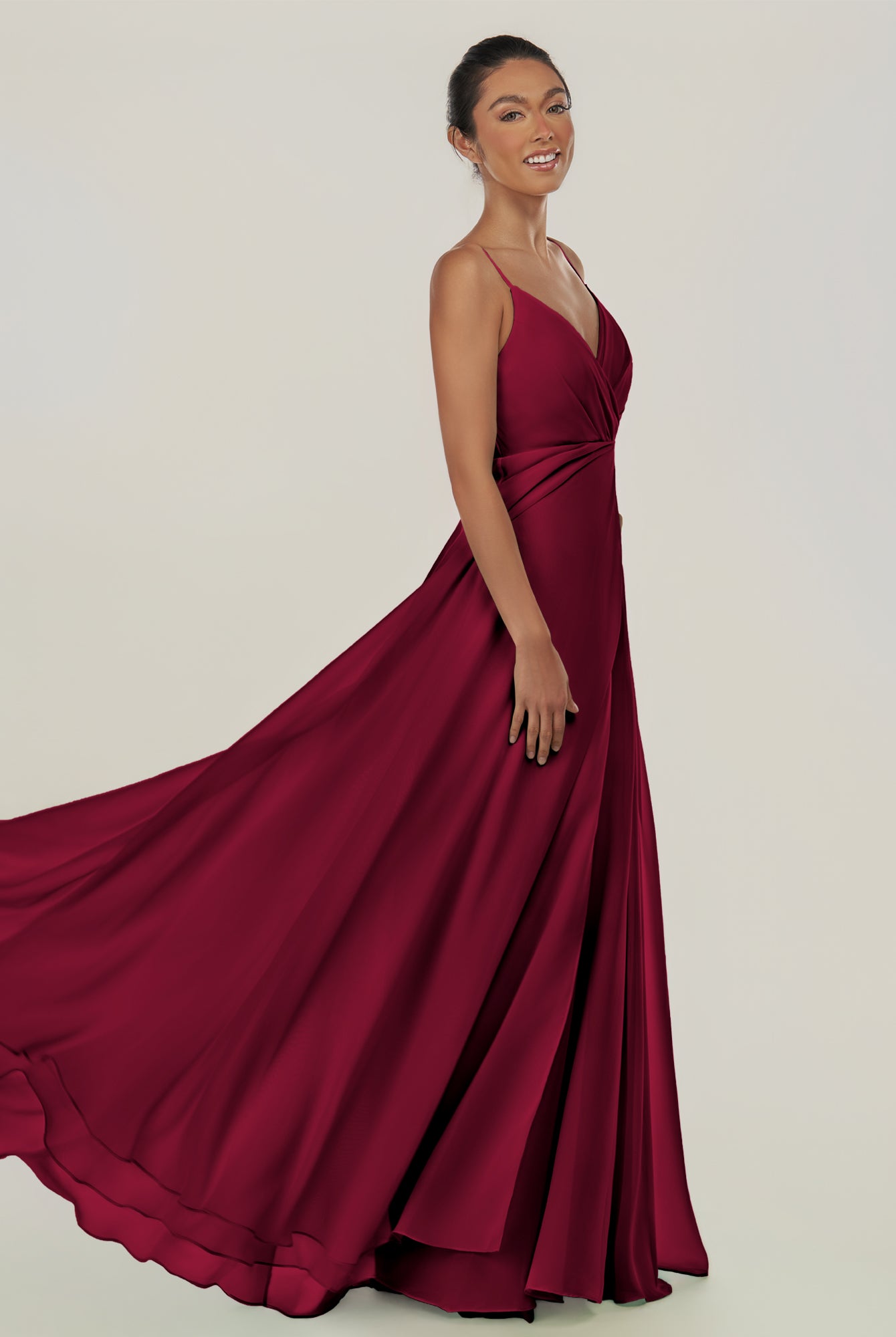 KissDress-Risa Berry A Line Chiffon V Neck Long Bridesmaid Dress with Pleats