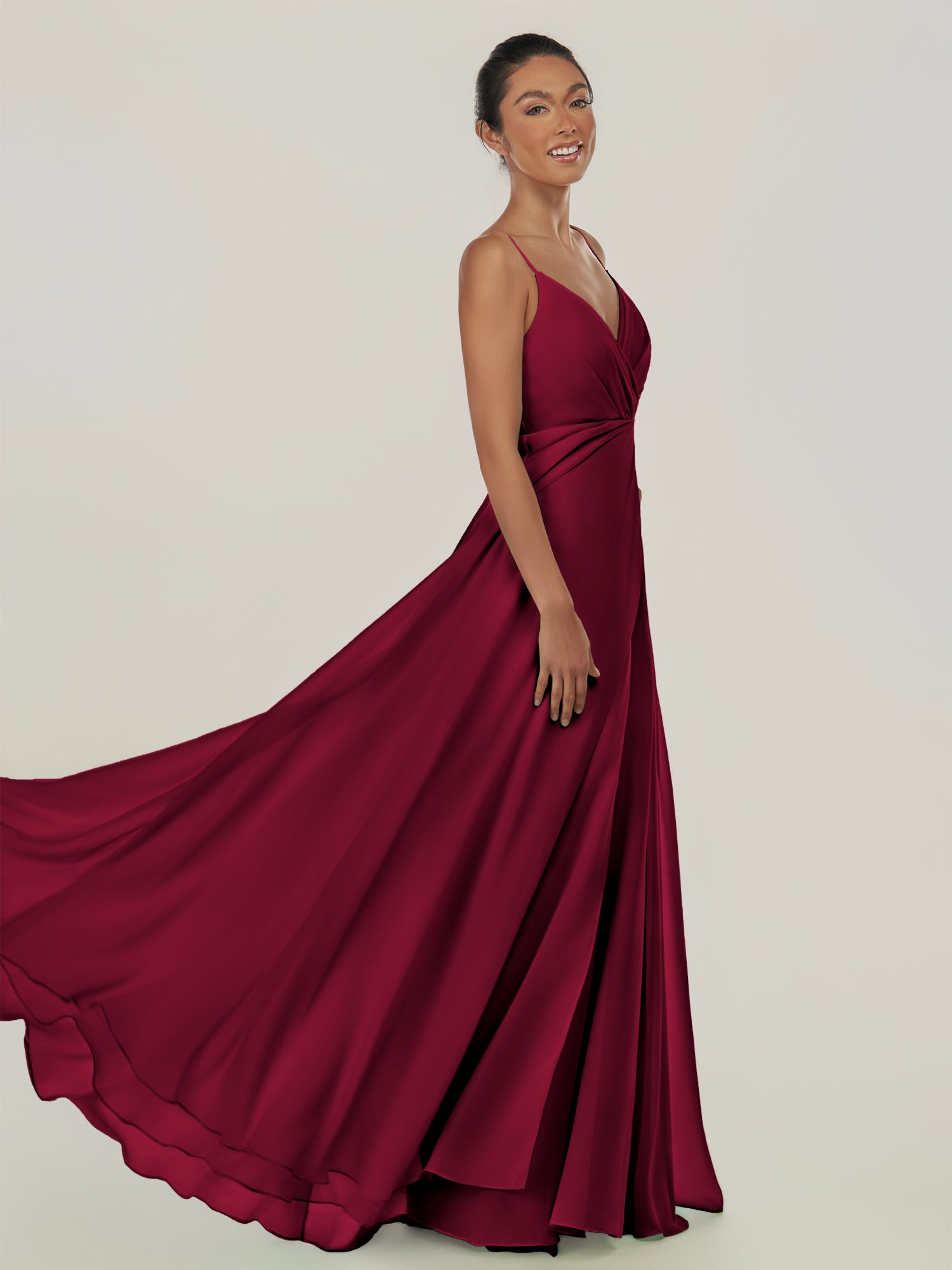 KissDress-Risa Berry A Line Chiffon V Neck Long Bridesmaid Dress with Pleats