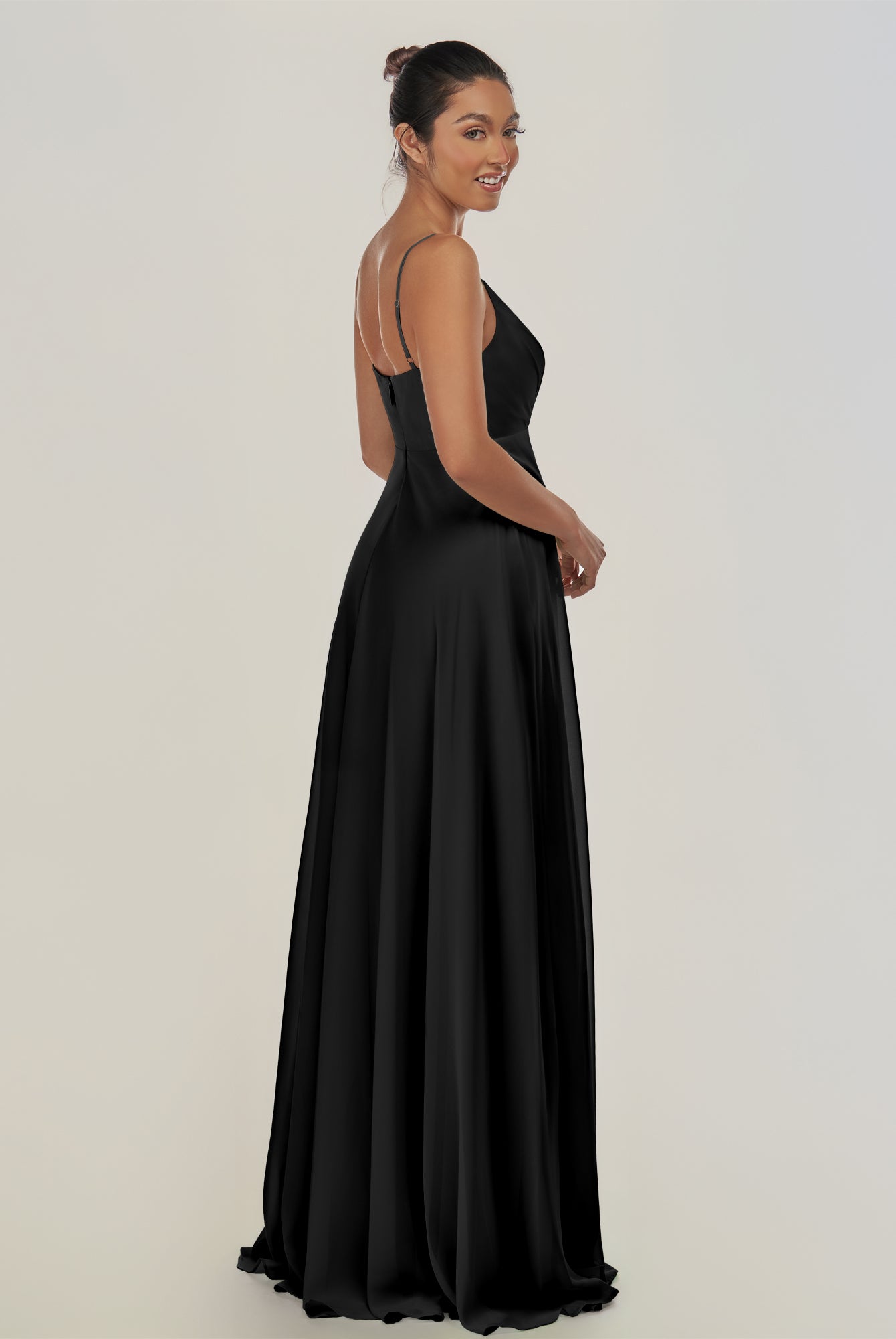 KissDress-Risa Black A Line Chiffon V Neck Long Bridesmaid Dress with Pleats