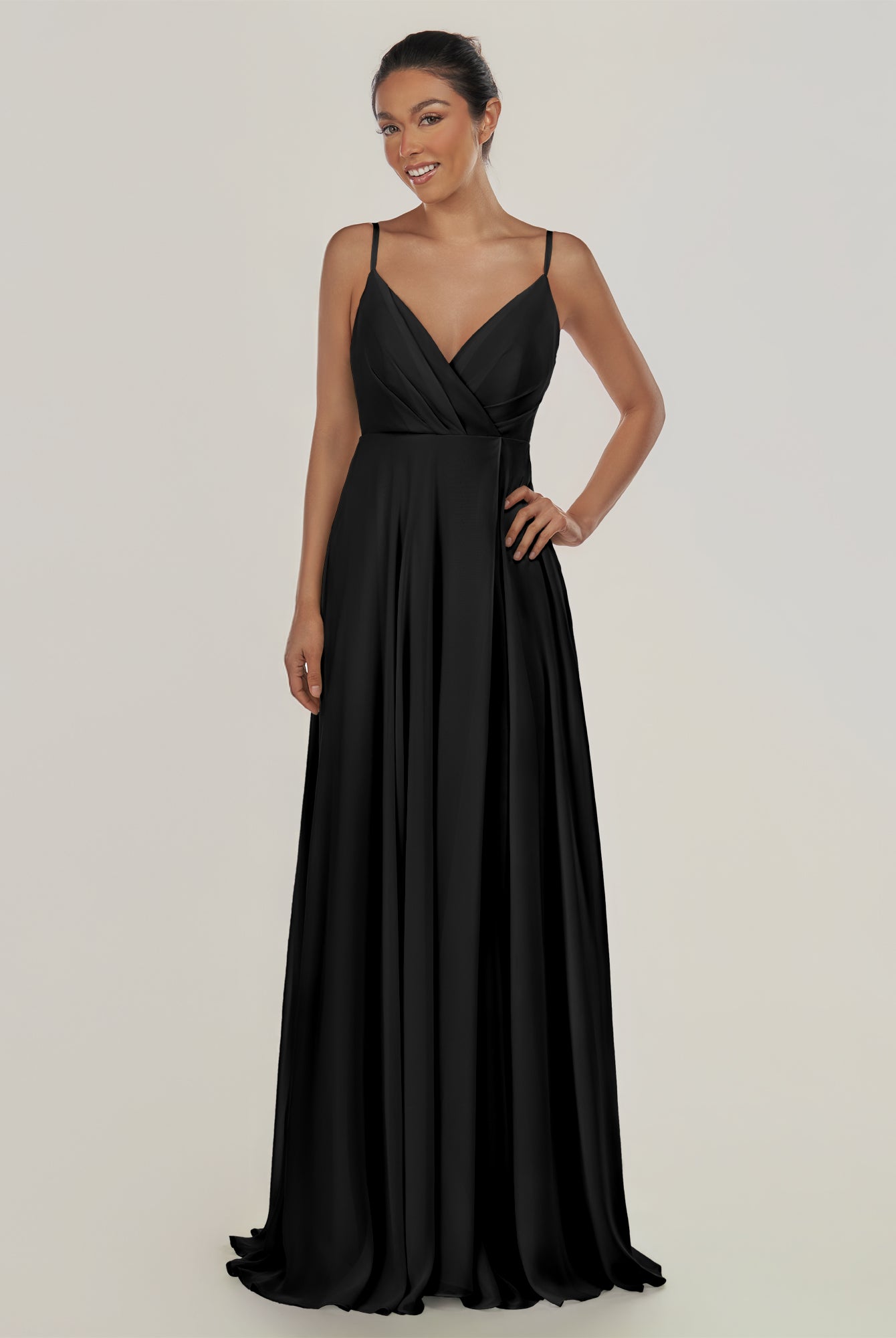 KissDress-Risa Black A Line Chiffon V Neck Long Bridesmaid Dress with Pleats