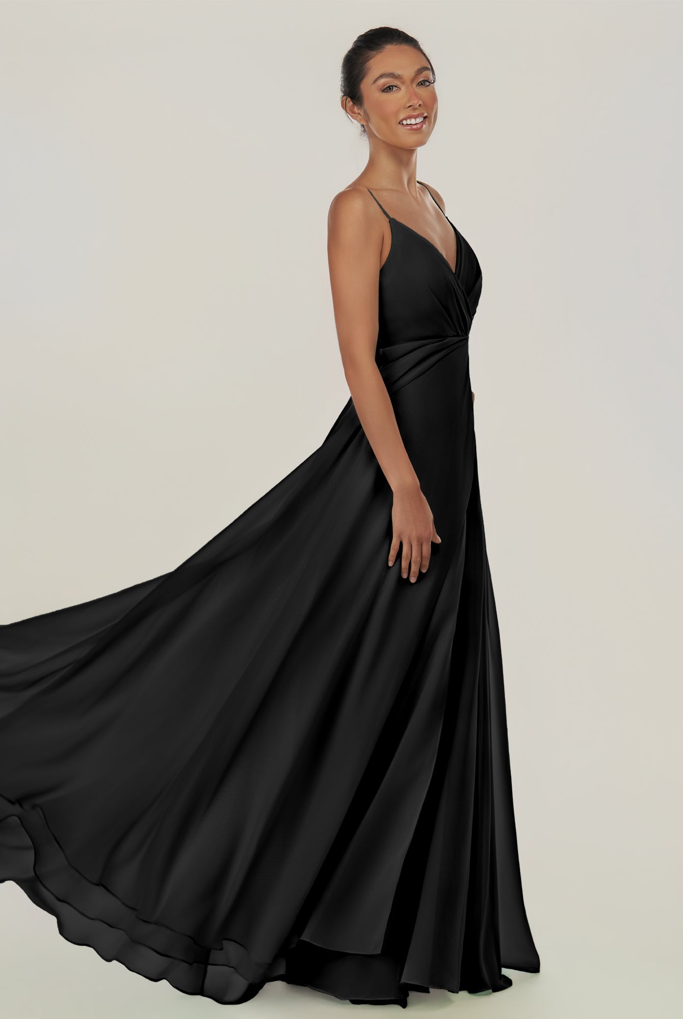KissDress-Risa Black A Line Chiffon V Neck Long Bridesmaid Dress with Pleats