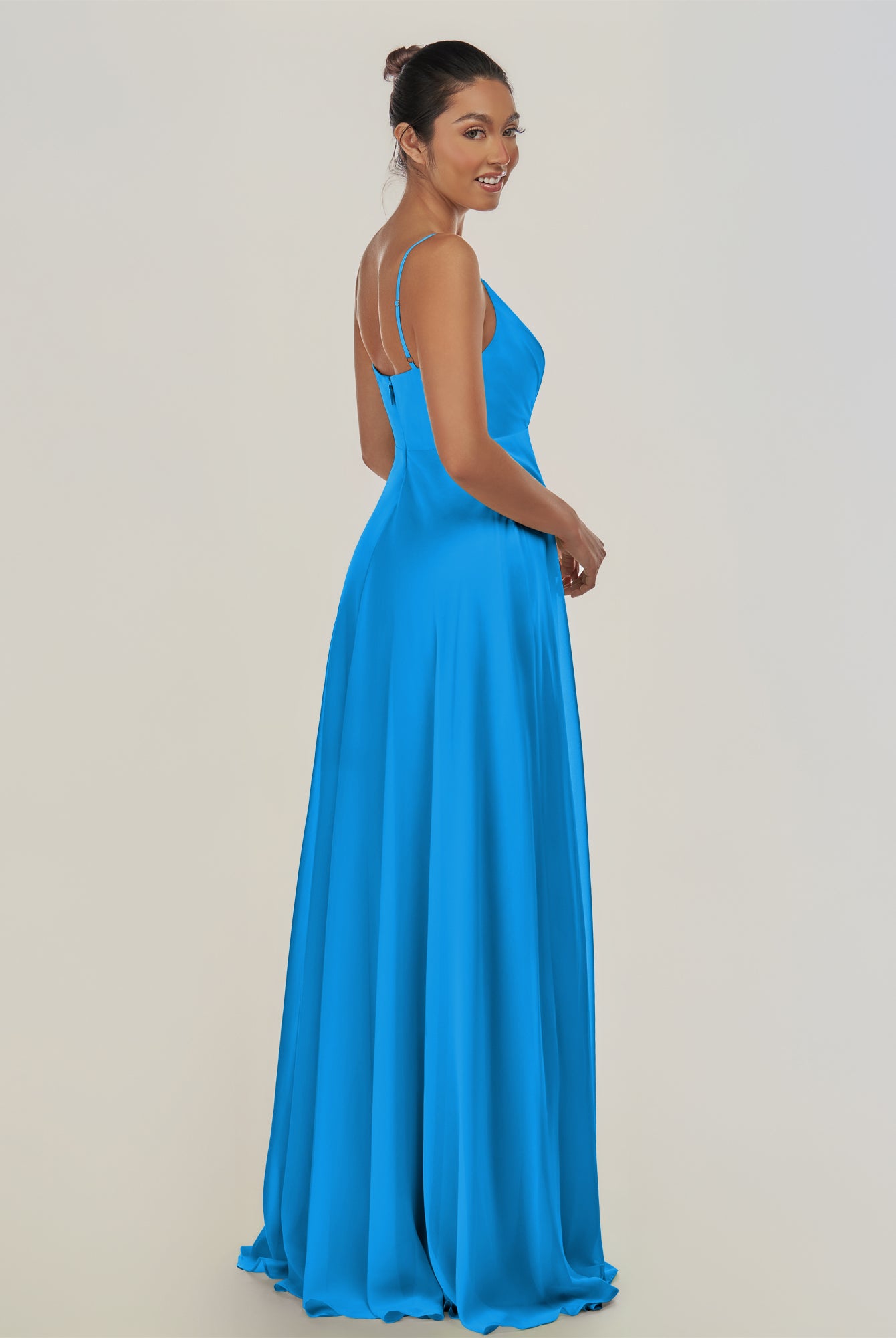 KissDress-Risa Blue Jay A Line Chiffon V Neck Long Bridesmaid Dress with Pleats