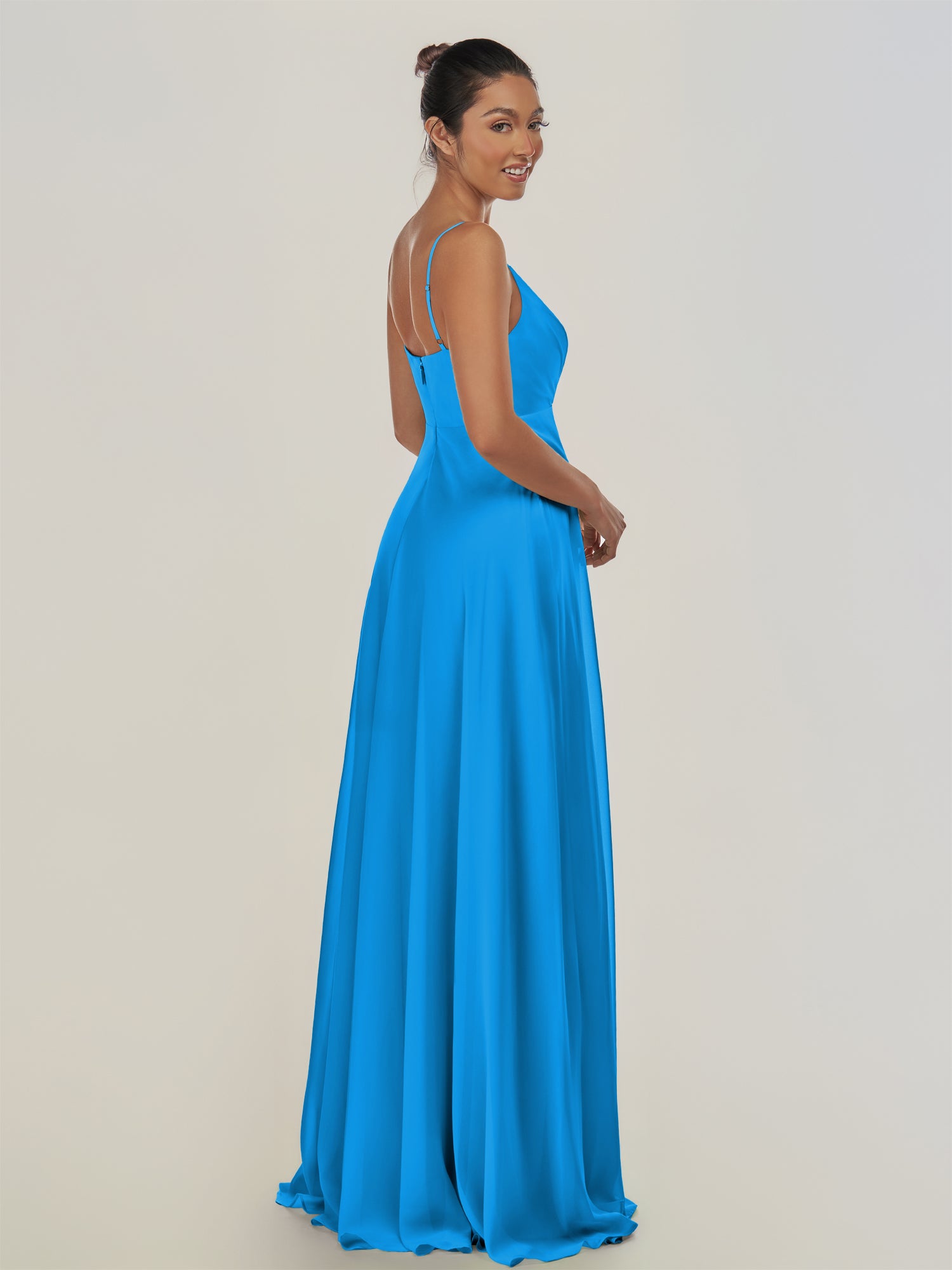 KissDress-Risa Blue Jay A Line Chiffon V Neck Long Bridesmaid Dress with Pleats
