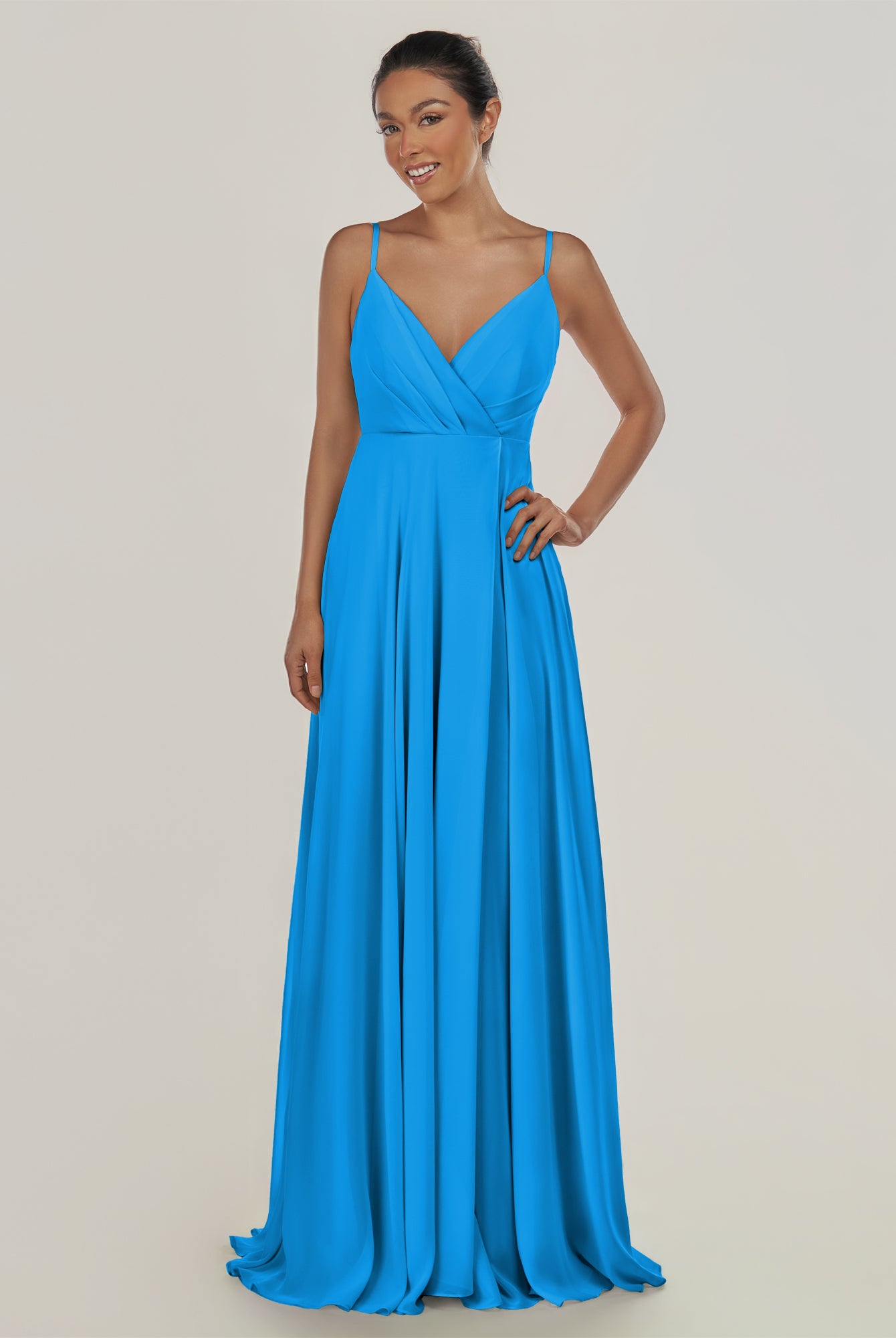 KissDress-Risa Blue Jay A Line Chiffon V Neck Long Bridesmaid Dress with Pleats