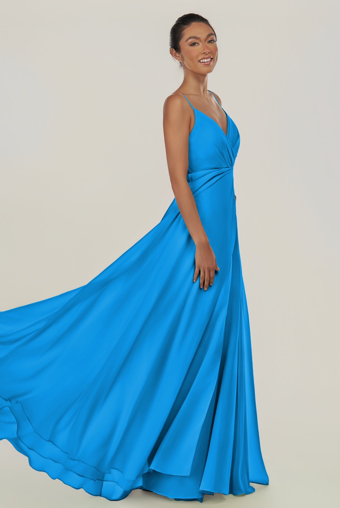KissDress-Risa Blue Jay A Line Chiffon V Neck Long Bridesmaid Dress with Pleats