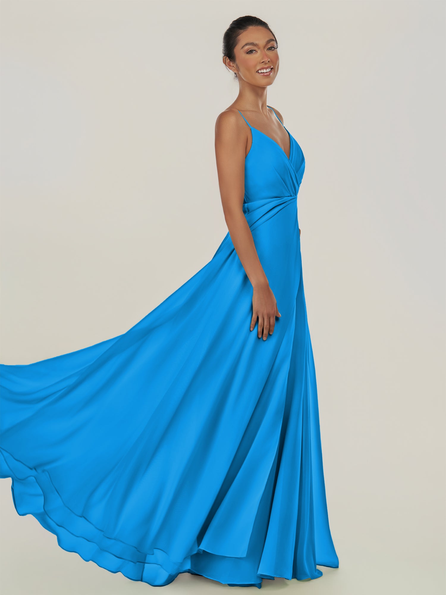 KissDress-Risa Blue Jay A Line Chiffon V Neck Long Bridesmaid Dress with Pleats