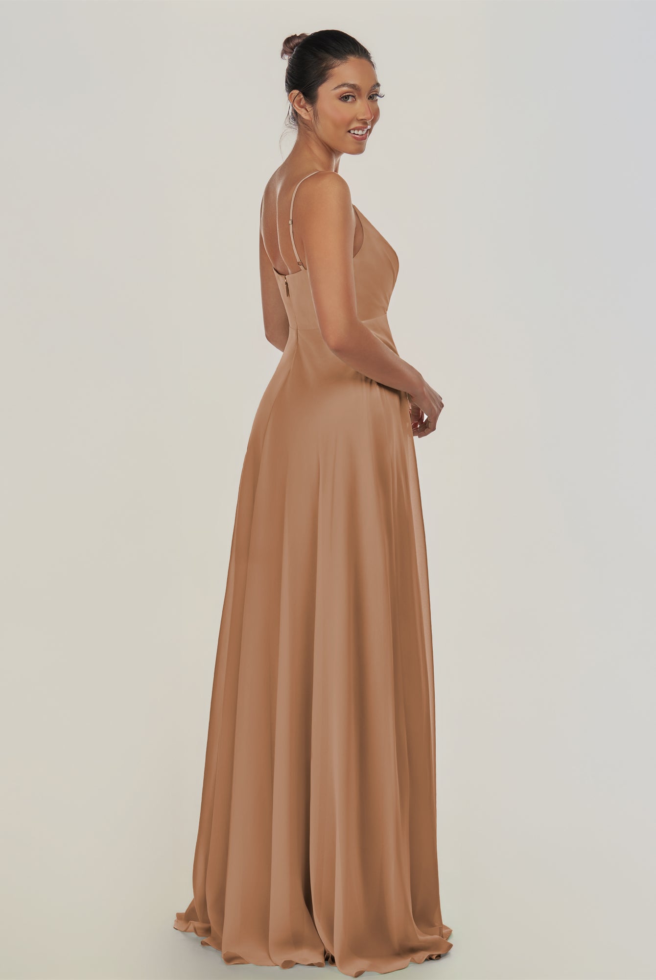 KissDress-Risa Bronzer A Line Chiffon V Neck Long Bridesmaid Dress with Pleats
