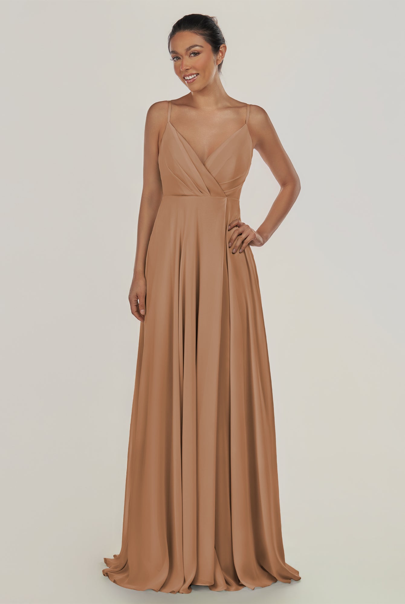 KissDress-Risa Bronzer A Line Chiffon V Neck Long Bridesmaid Dress with Pleats