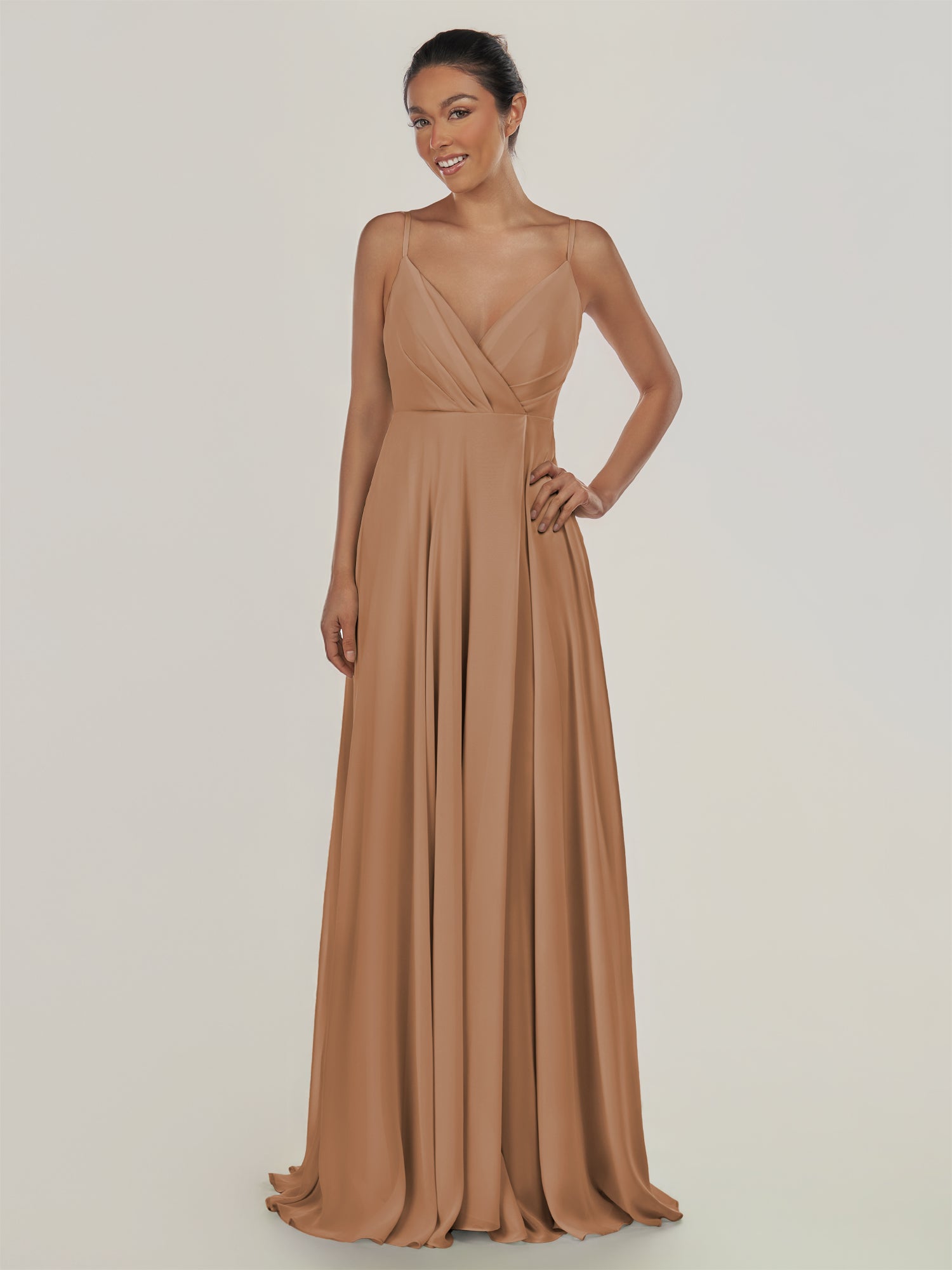 KissDress-Risa Bronzer A Line Chiffon V Neck Long Bridesmaid Dress with Pleats