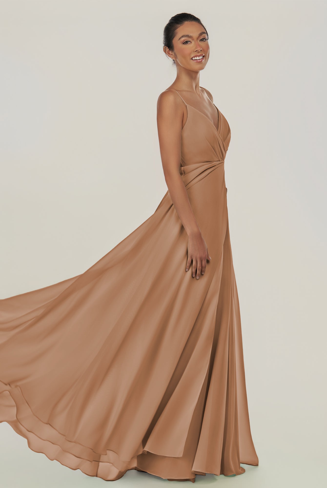 KissDress-Risa Bronzer A Line Chiffon V Neck Long Bridesmaid Dress with Pleats