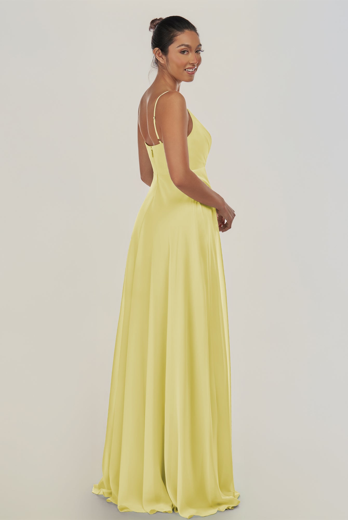 KissDress-Risa Buttercup A Line Chiffon V Neck Long Bridesmaid Dress with Pleats