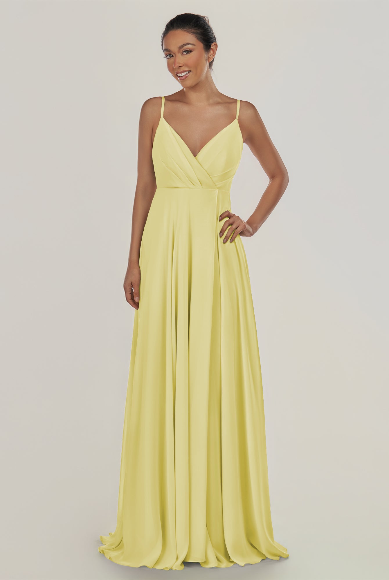 KissDress-Risa Buttercup A Line Chiffon V Neck Long Bridesmaid Dress with Pleats