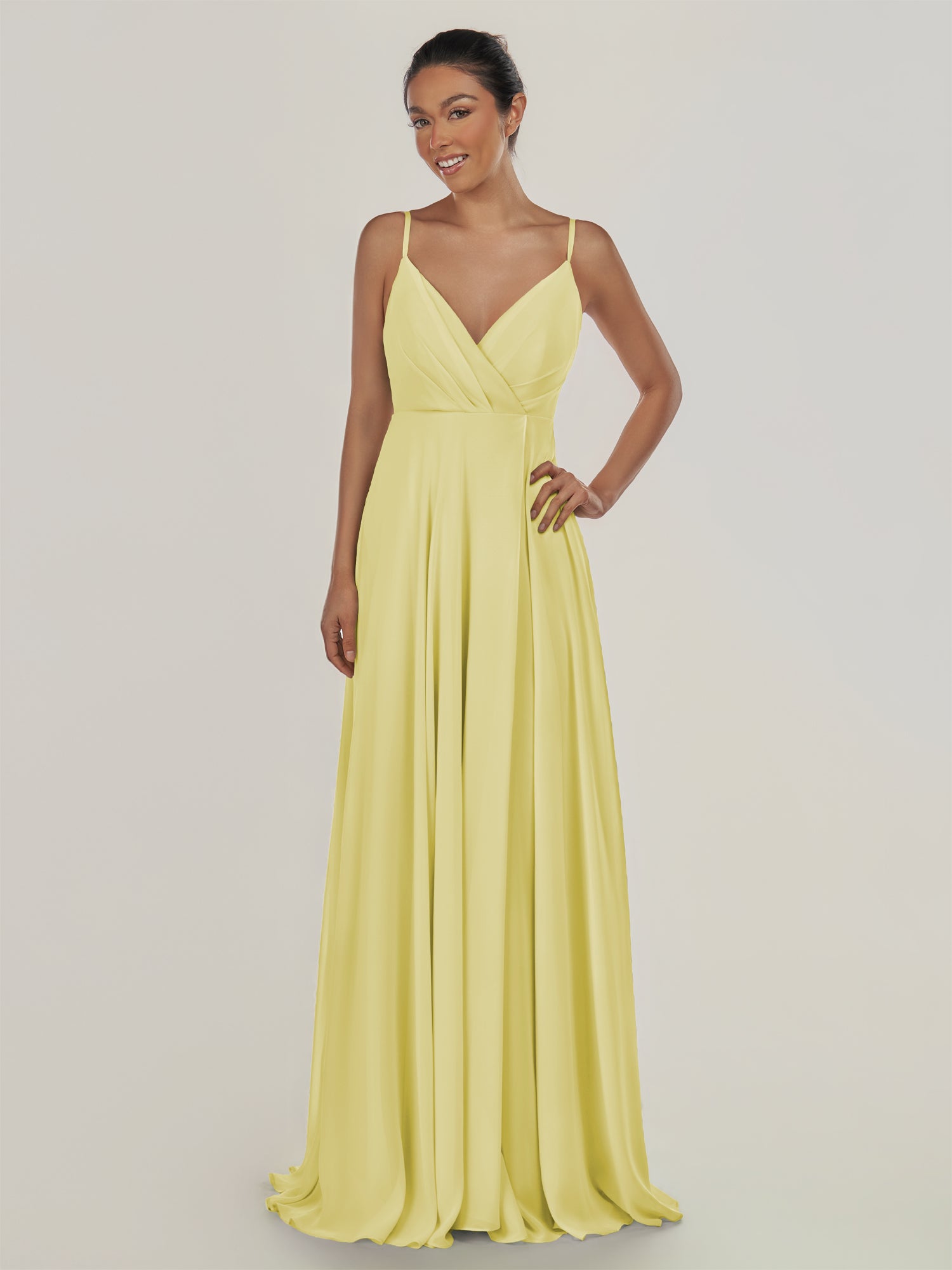KissDress-Risa Buttercup A Line Chiffon V Neck Long Bridesmaid Dress with Pleats