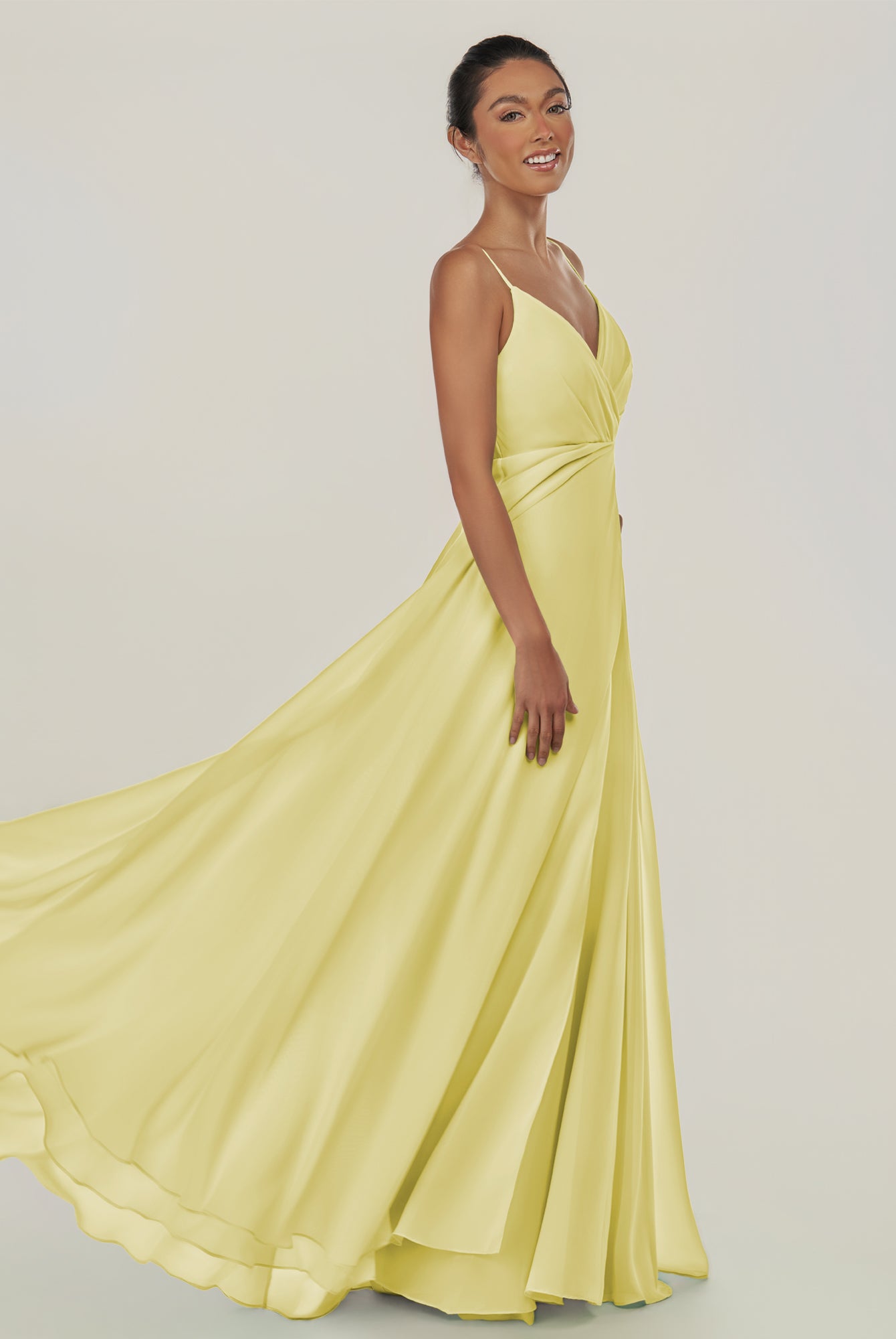 KissDress-Risa Buttercup A Line Chiffon V Neck Long Bridesmaid Dress with Pleats