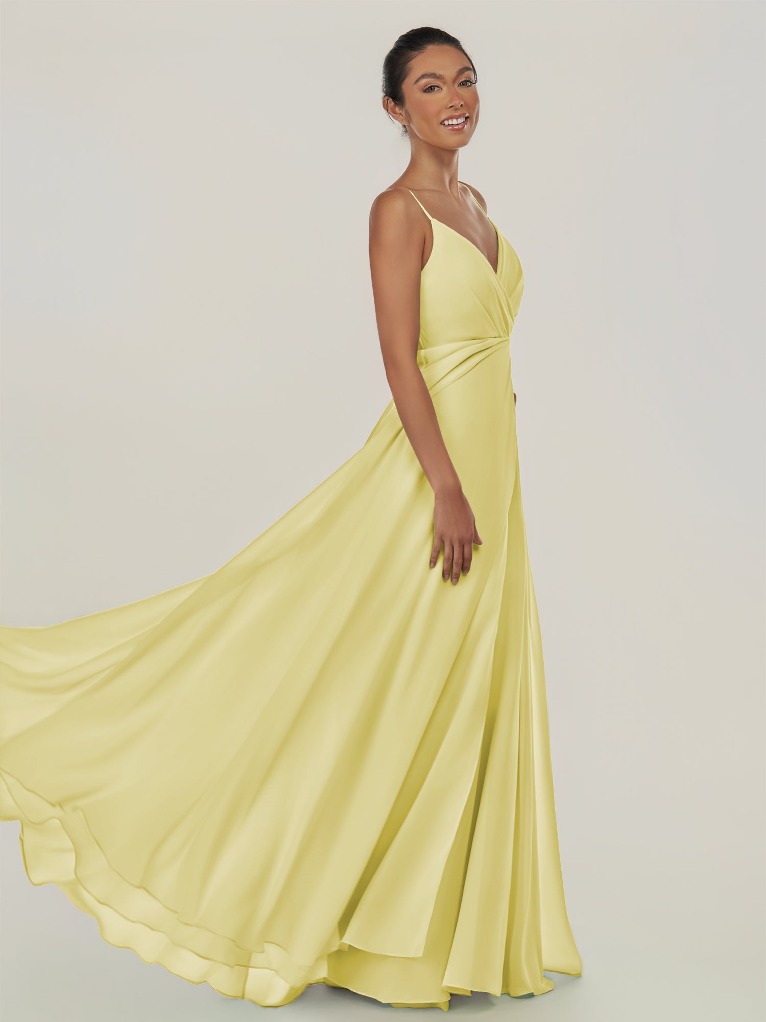 KissDress-Risa Buttercup A Line Chiffon V Neck Long Bridesmaid Dress with Pleats