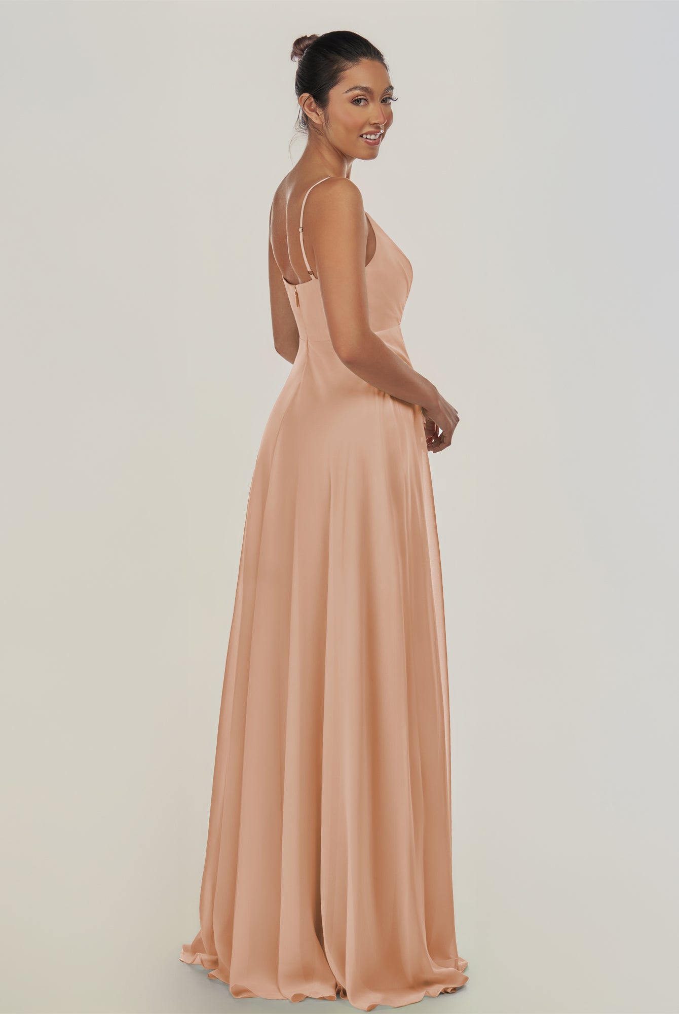 KissDress-Risa Champagne Rose A Line Chiffon V Neck Long Bridesmaid Dress with Pleats