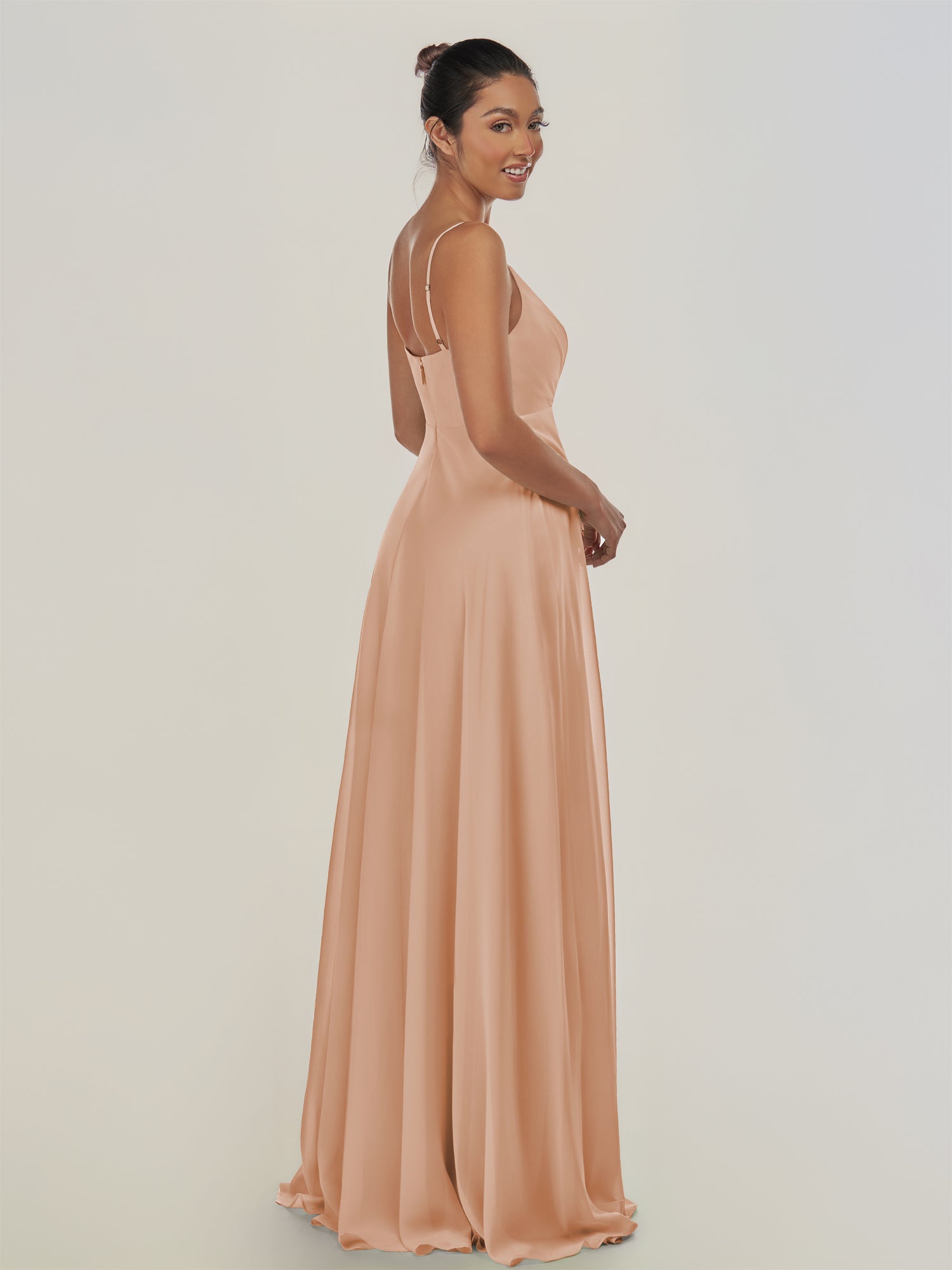 KissDress-Risa Champagne Rose A Line Chiffon V Neck Long Bridesmaid Dress with Pleats