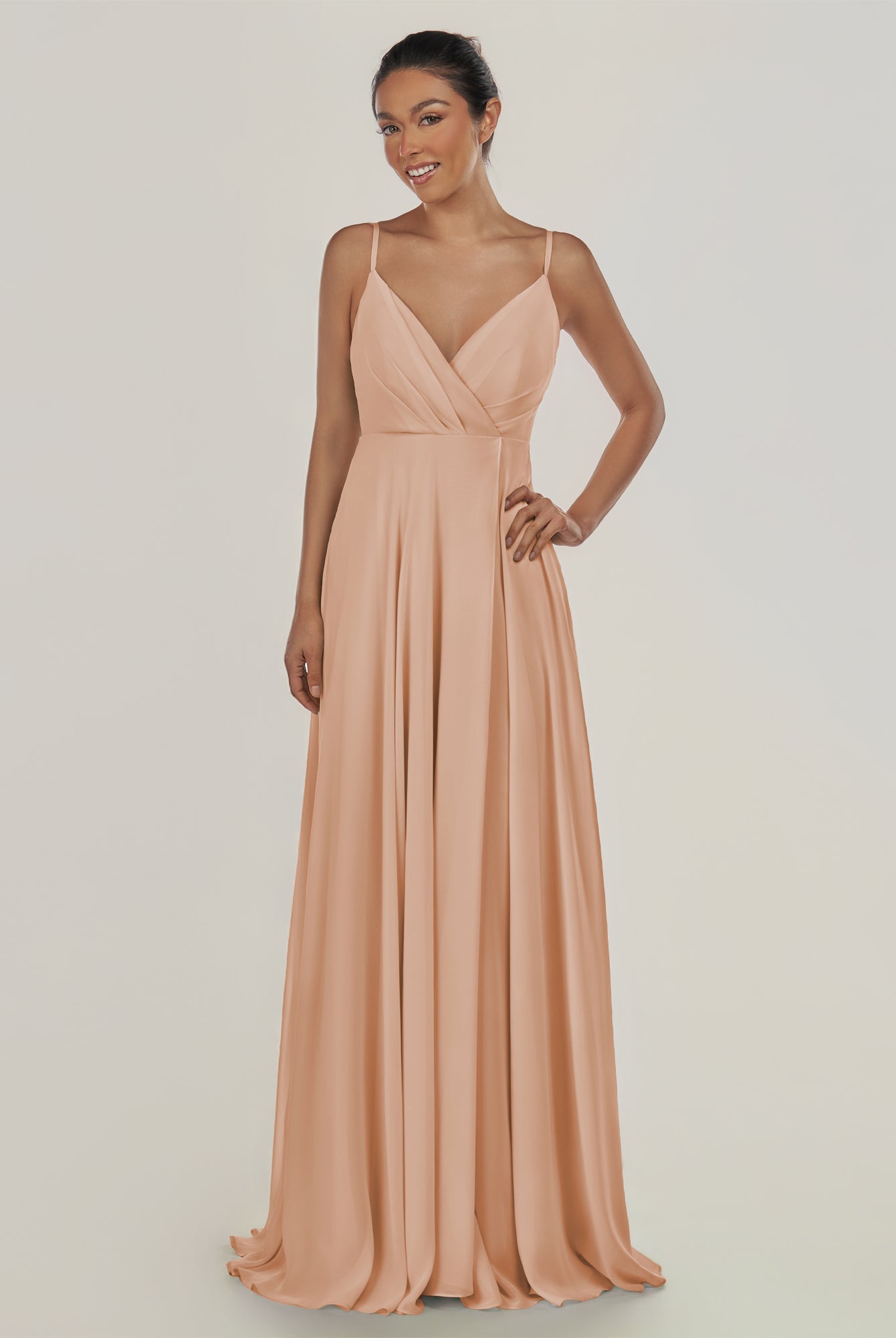 KissDress-Risa Champagne Rose A Line Chiffon V Neck Long Bridesmaid Dress with Pleats