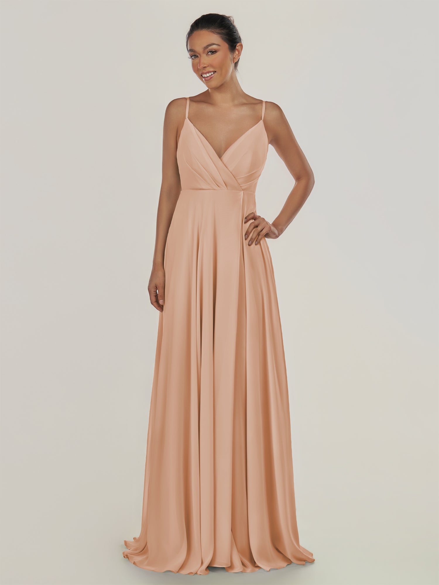 KissDress-Risa Champagne Rose A Line Chiffon V Neck Long Bridesmaid Dress with Pleats
