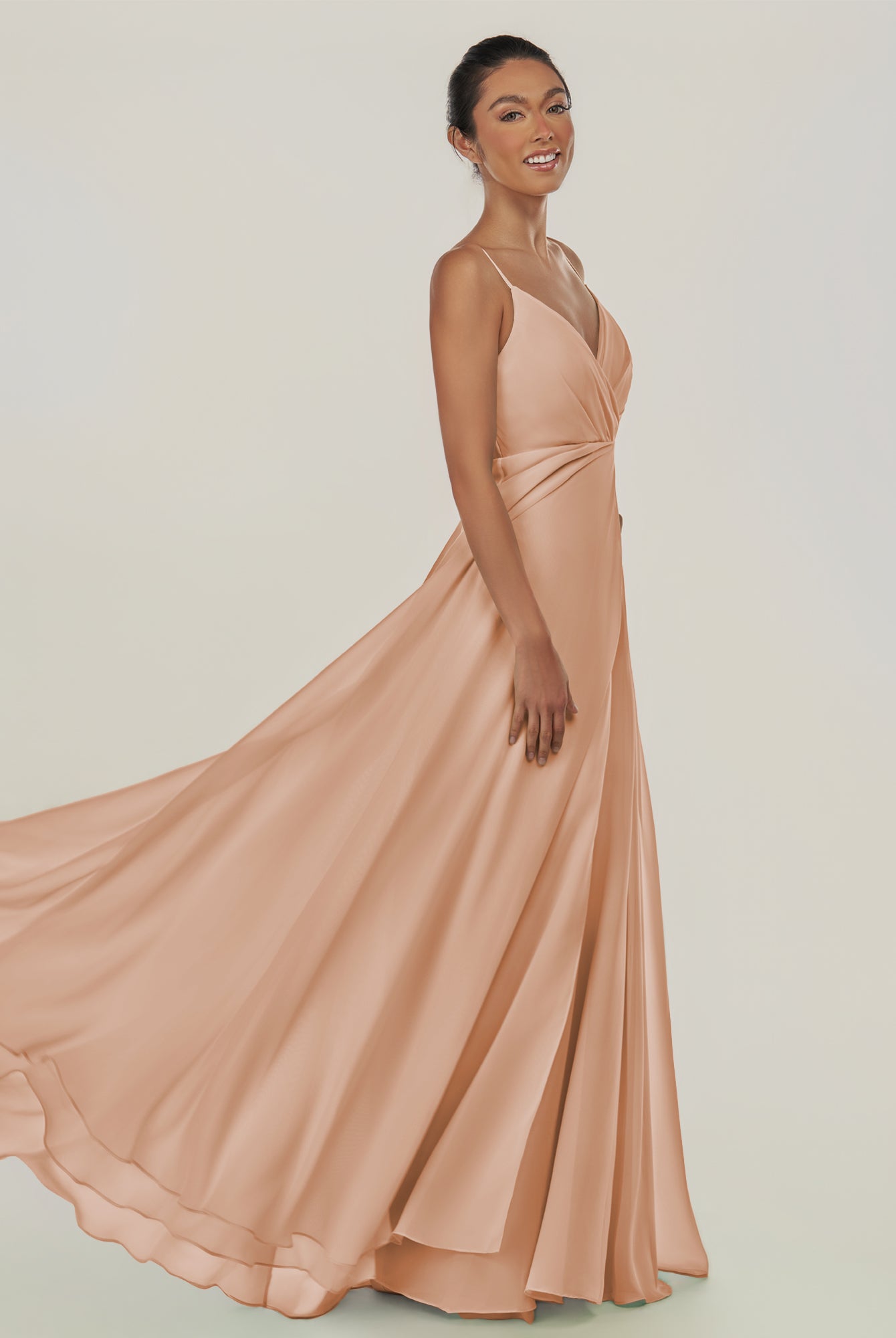 KissDress-Risa Champagne Rose A Line Chiffon V Neck Long Bridesmaid Dress with Pleats