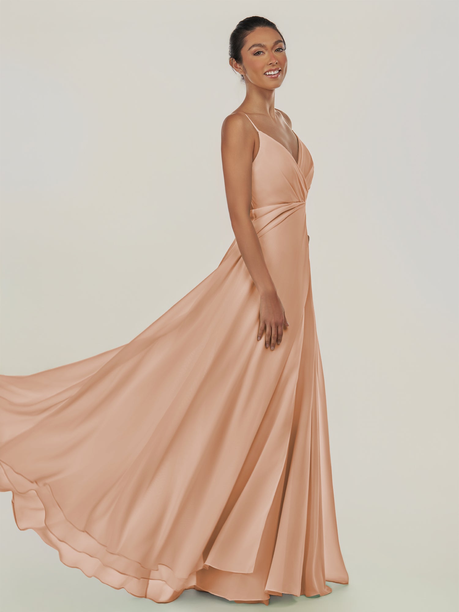 KissDress-Risa Champagne Rose A Line Chiffon V Neck Long Bridesmaid Dress with Pleats