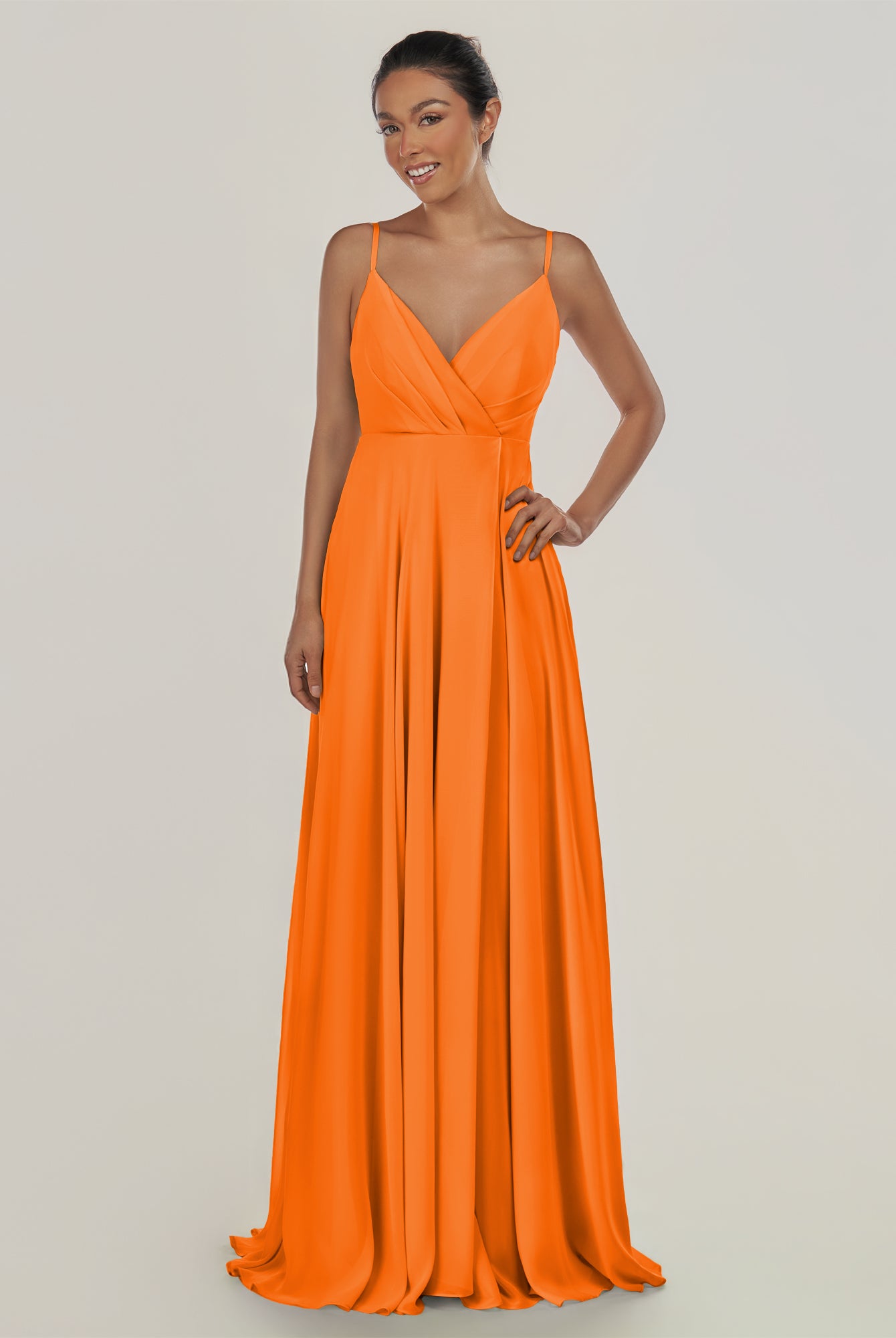 KissDress-Risa Cinnamon A Line Chiffon V Neck Long Bridesmaid Dress with Pleats