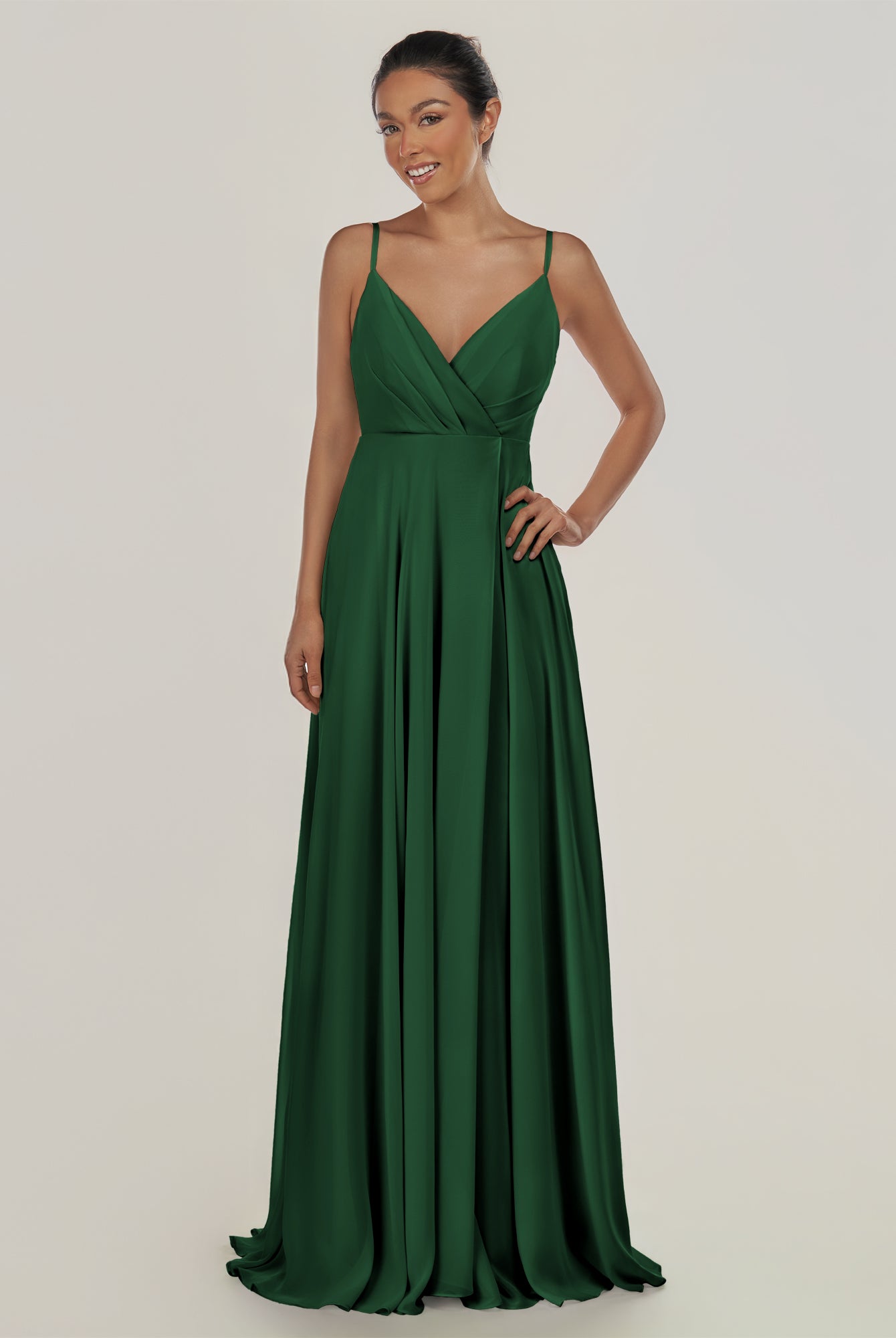 KissDress-Risa Dark Green A Line Chiffon V Neck Long Bridesmaid Dress with Pleats