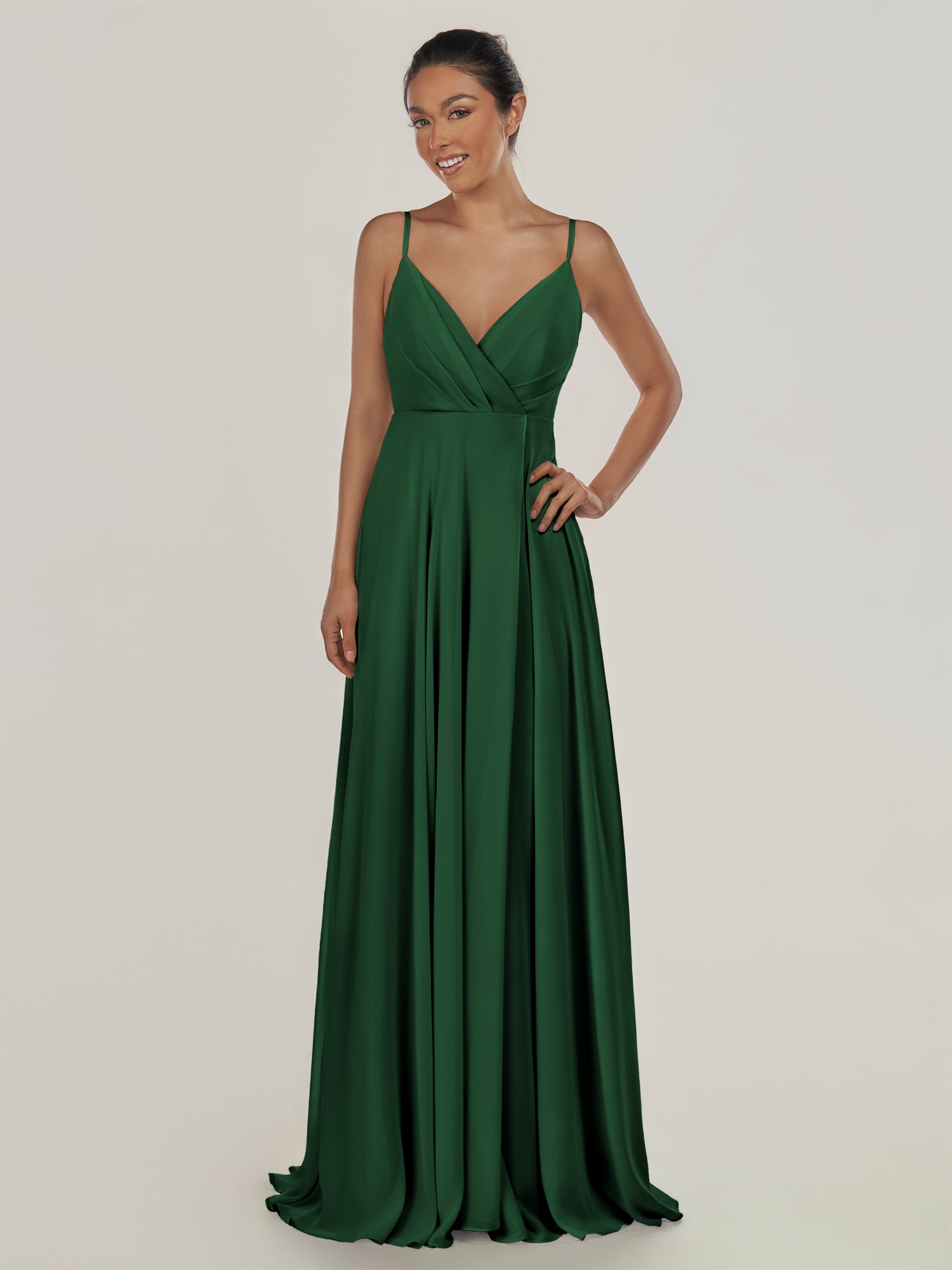 KissDress-Risa Dark Green A Line Chiffon V Neck Long Bridesmaid Dress with Pleats