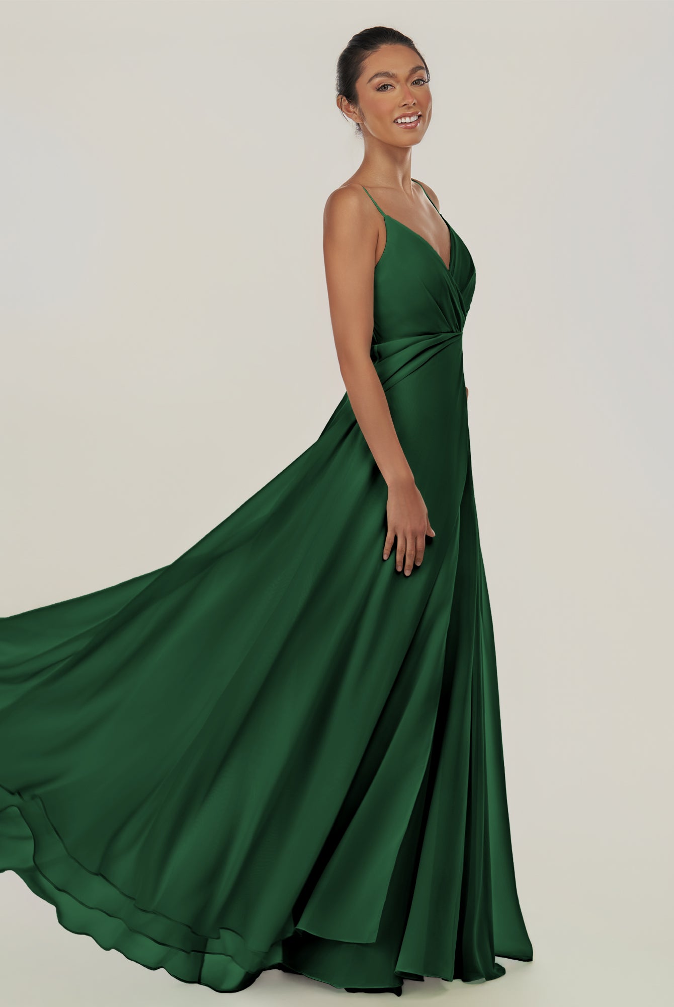 KissDress-Risa Dark Green A Line Chiffon V Neck Long Bridesmaid Dress with Pleats