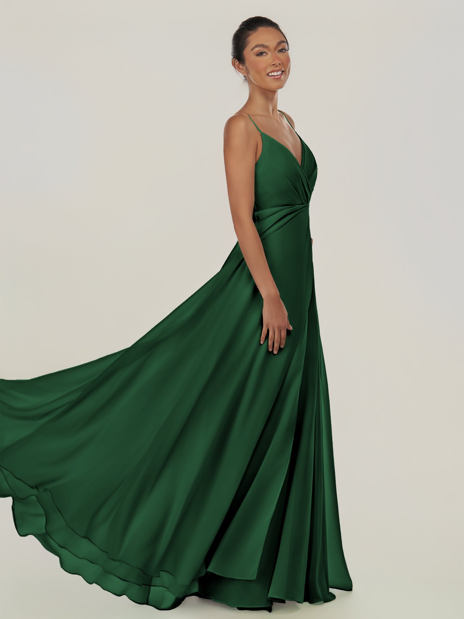 KissDress-Risa Dark Green A Line Chiffon V Neck Long Bridesmaid Dress with Pleats