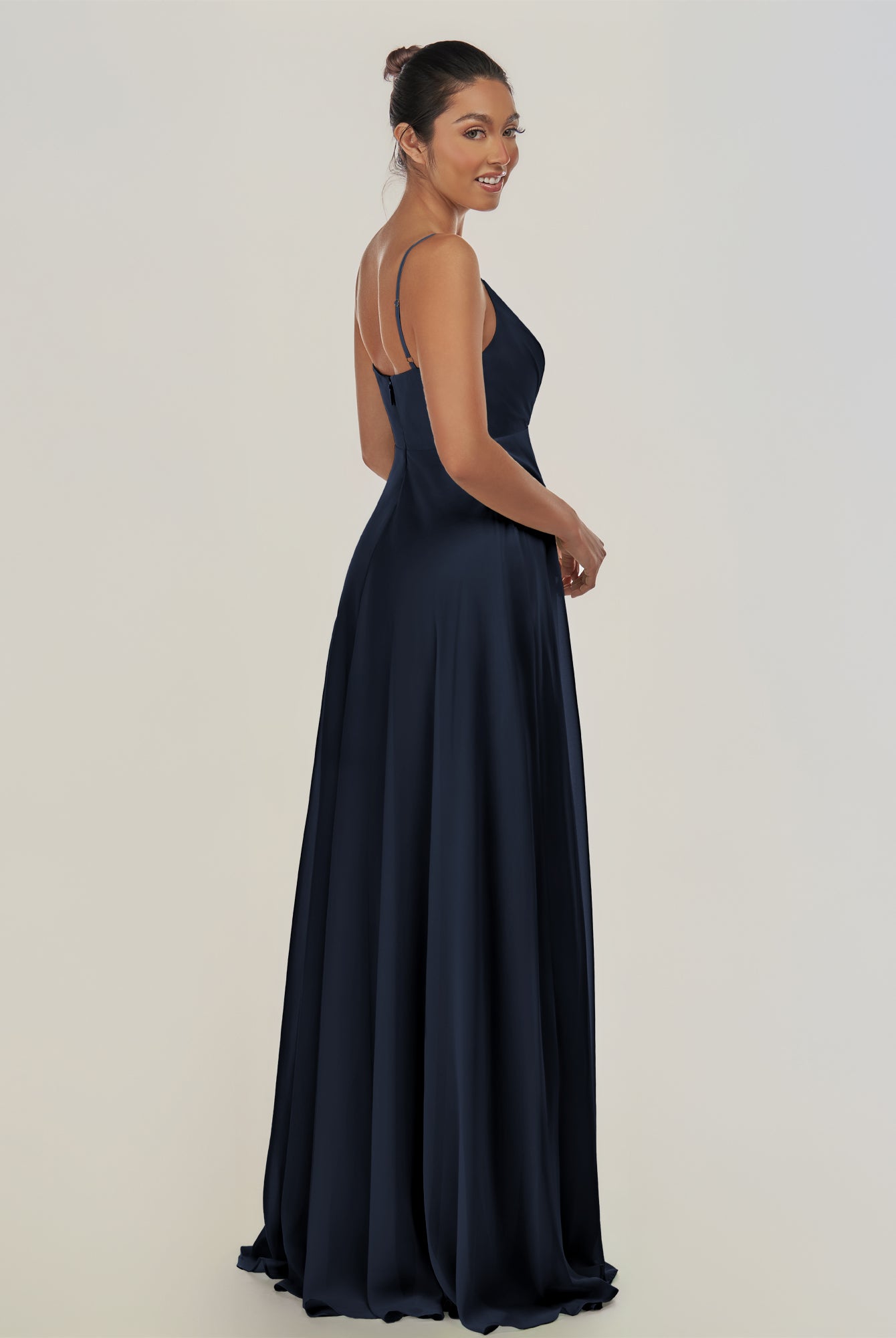 KissDress-Risa Dark Navy A Line Chiffon V Neck Long Bridesmaid Dress with Pleats