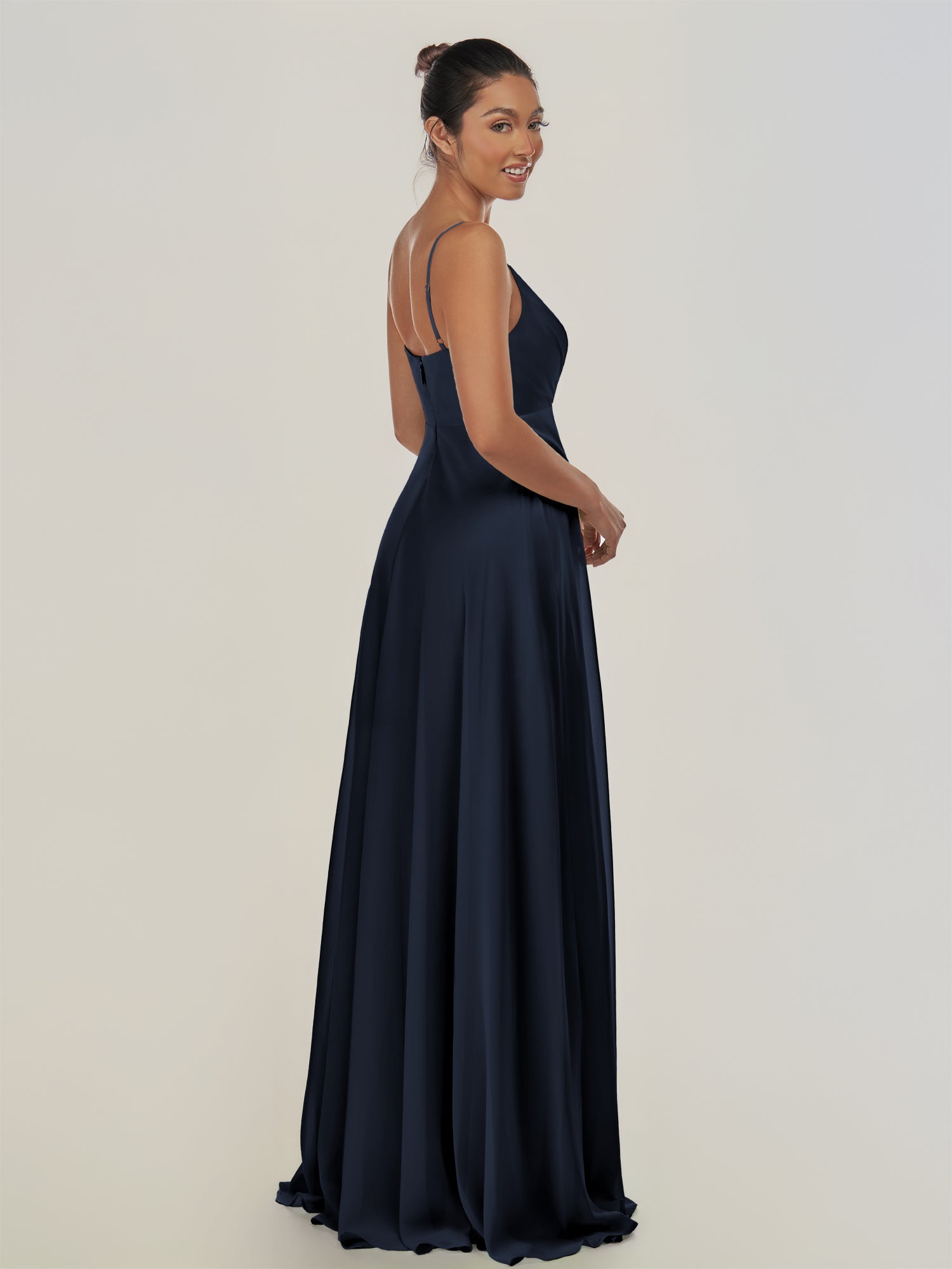 KissDress-Risa Dark Navy A Line Chiffon V Neck Long Bridesmaid Dress with Pleats