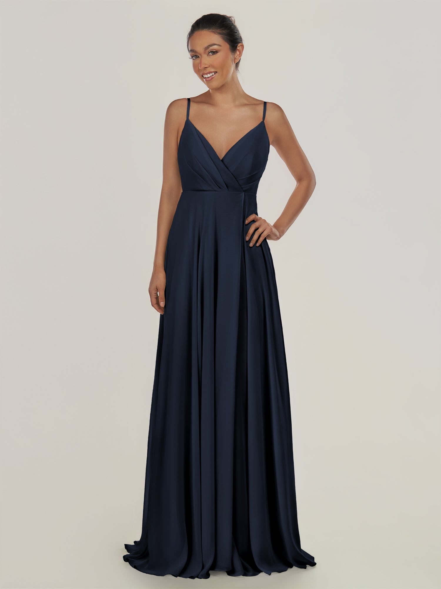 KissDress-Risa Dark Navy A Line Chiffon V Neck Long Bridesmaid Dress with Pleats