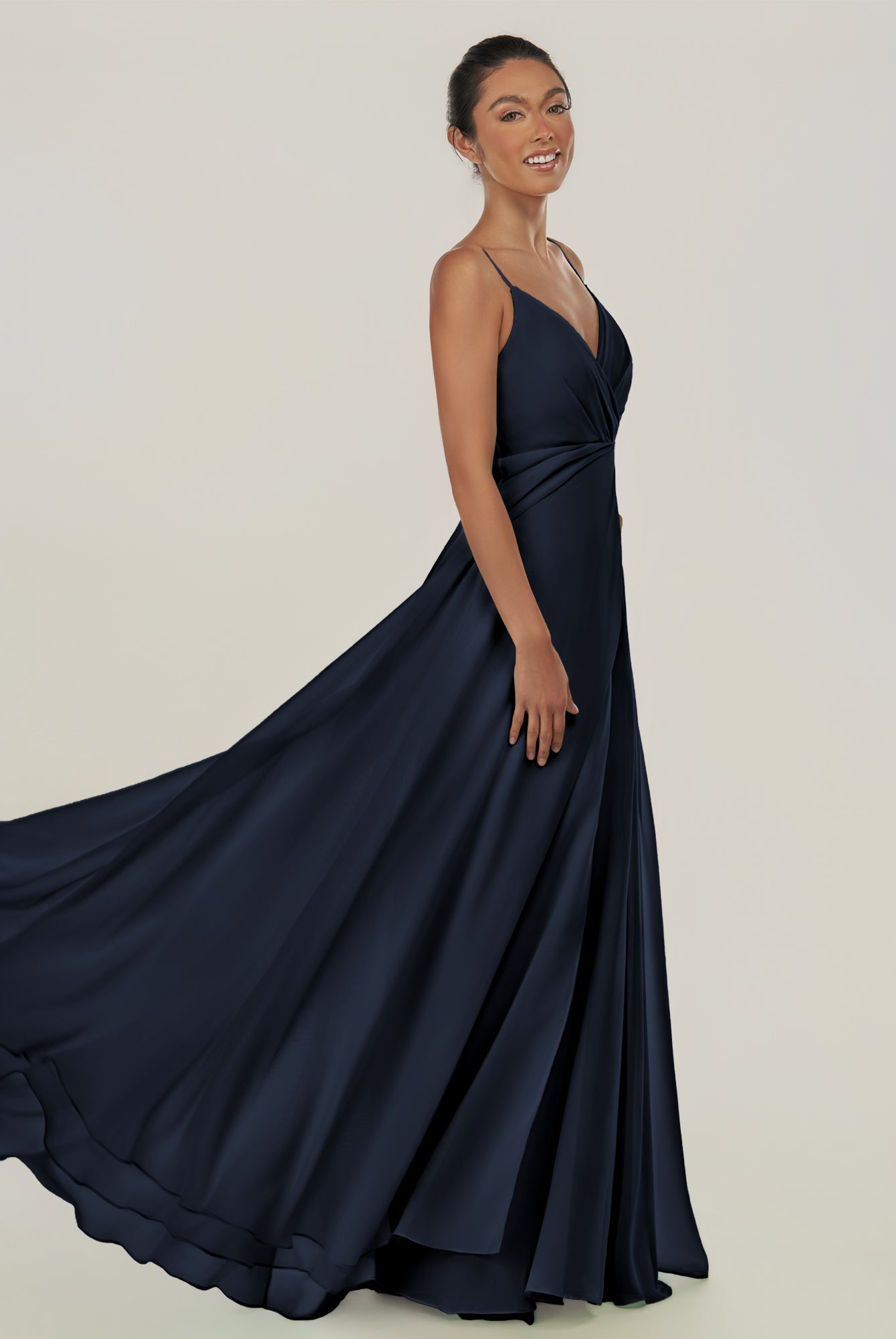 KissDress-Risa Dark Navy A Line Chiffon V Neck Long Bridesmaid Dress with Pleats
