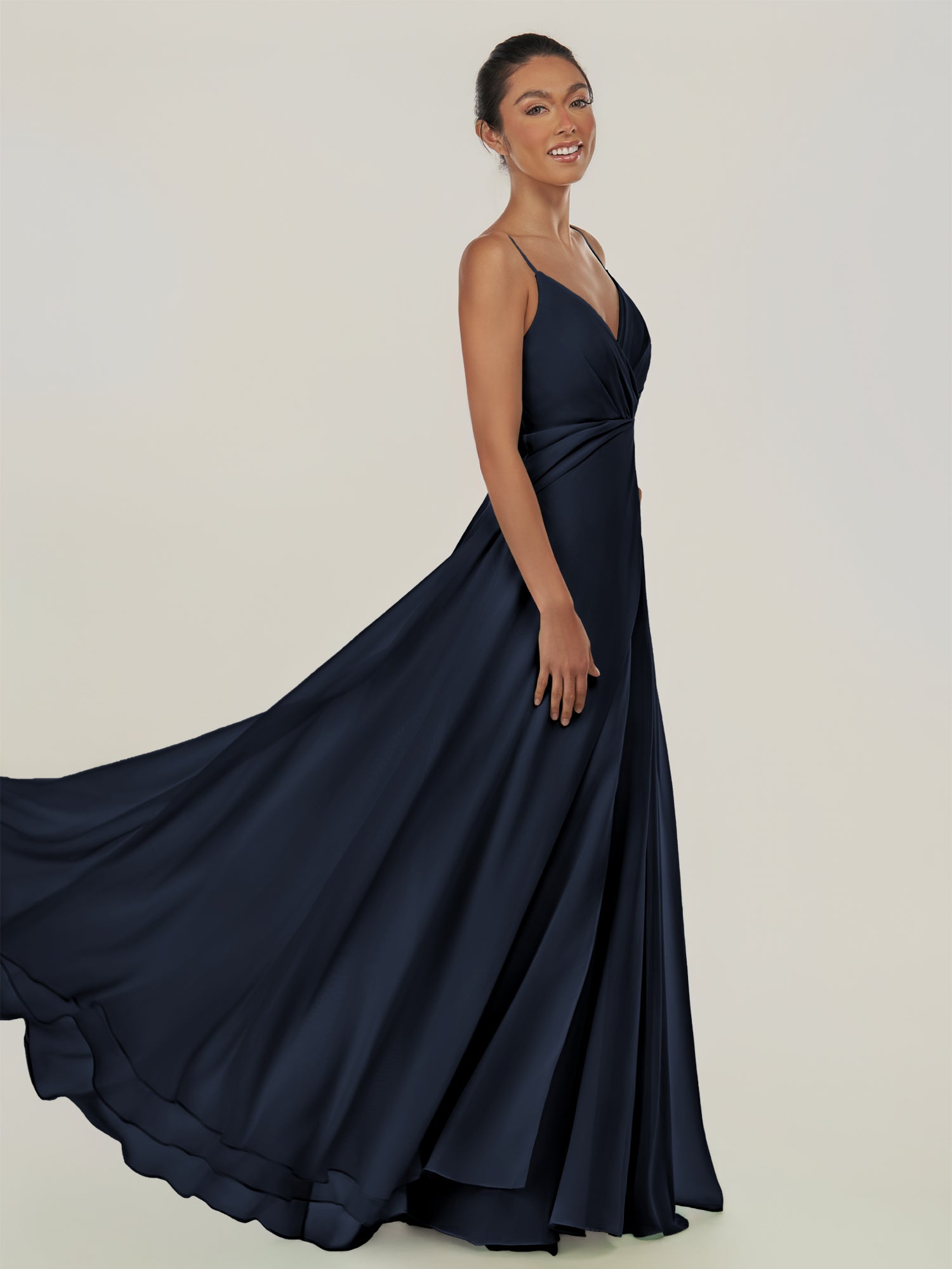 KissDress-Risa Dark Navy A Line Chiffon V Neck Long Bridesmaid Dress with Pleats