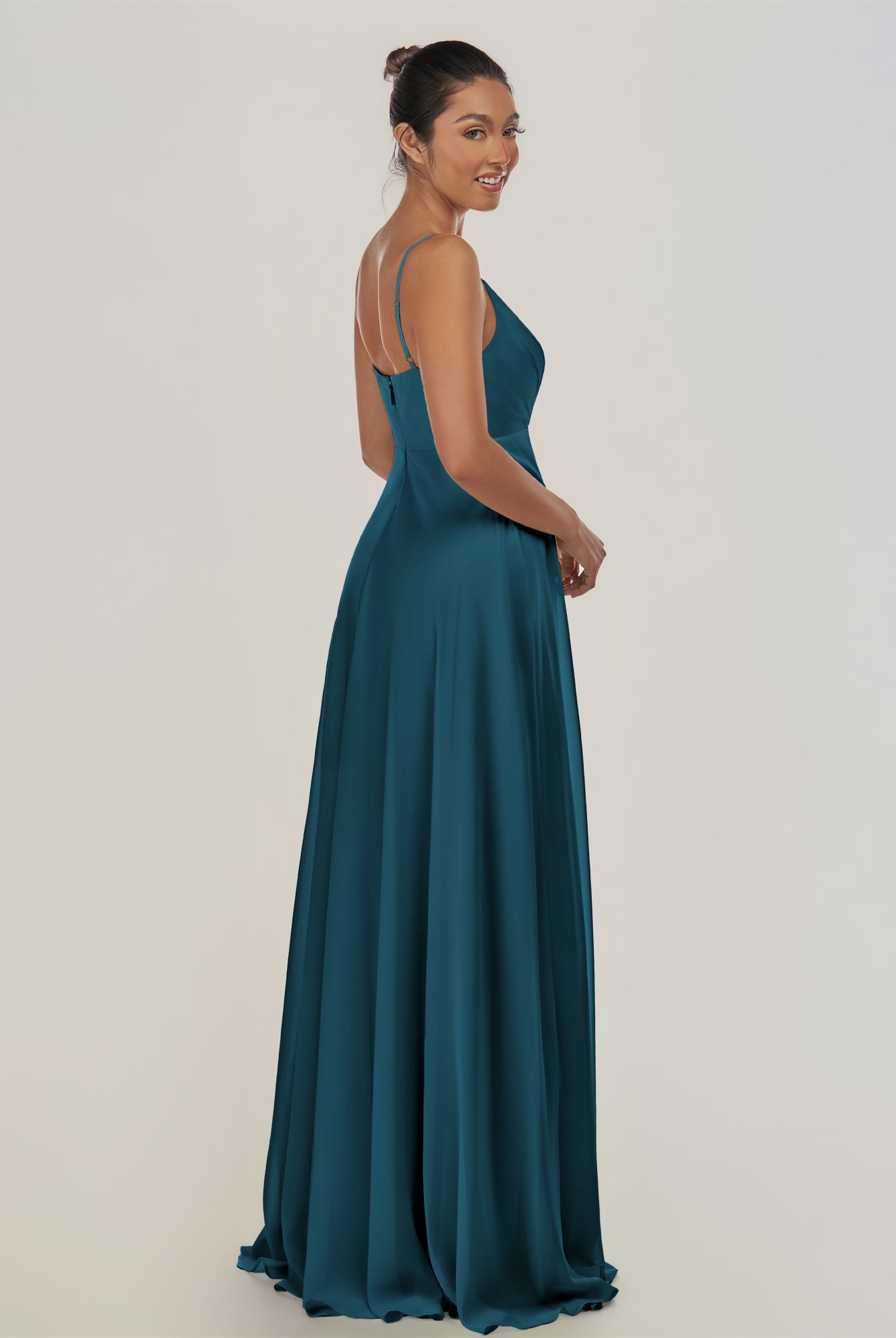 KissDress-Risa Dark Teal A Line Chiffon V Neck Long Bridesmaid Dress with Pleats