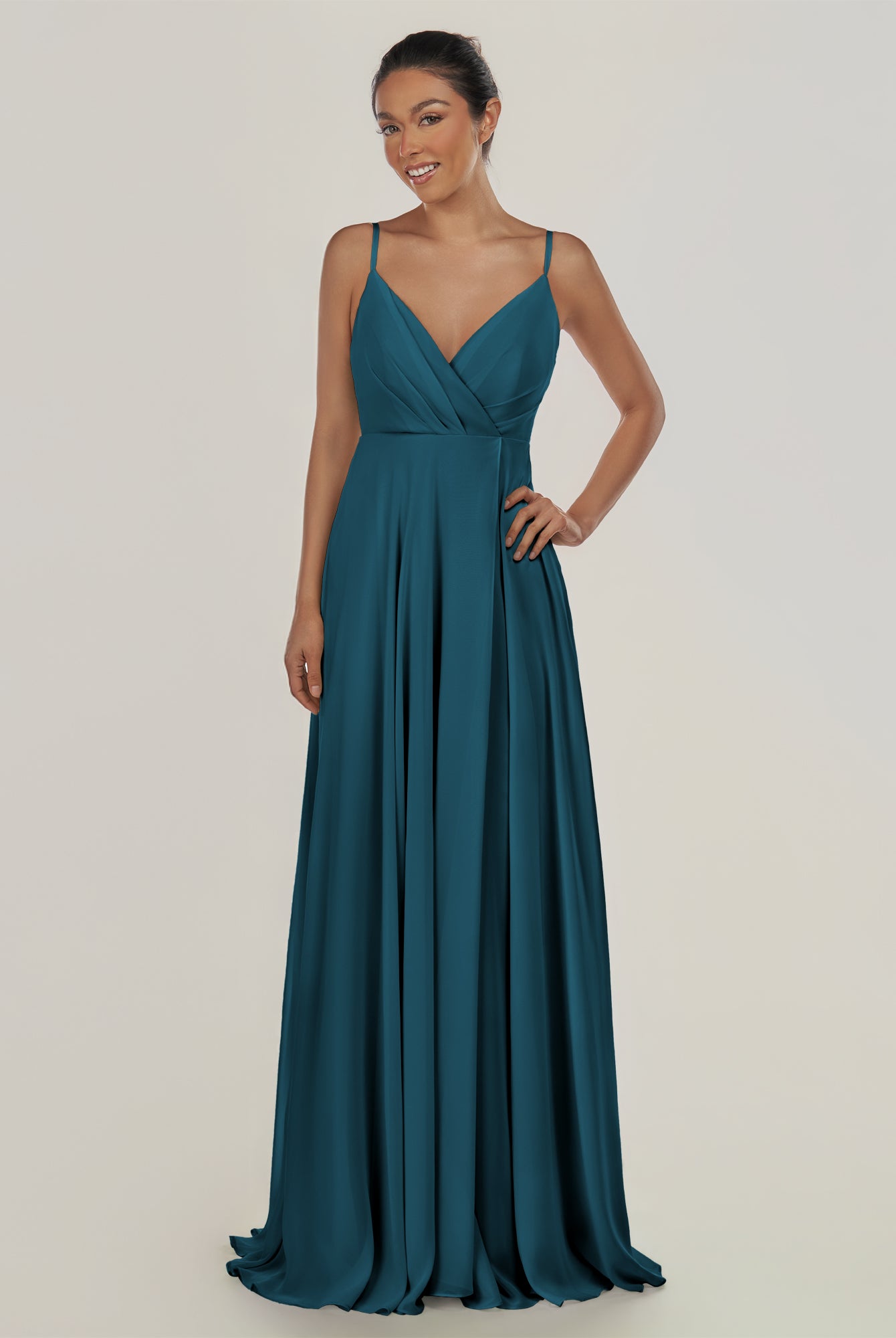 KissDress-Risa Dark Teal A Line Chiffon V Neck Long Bridesmaid Dress with Pleats