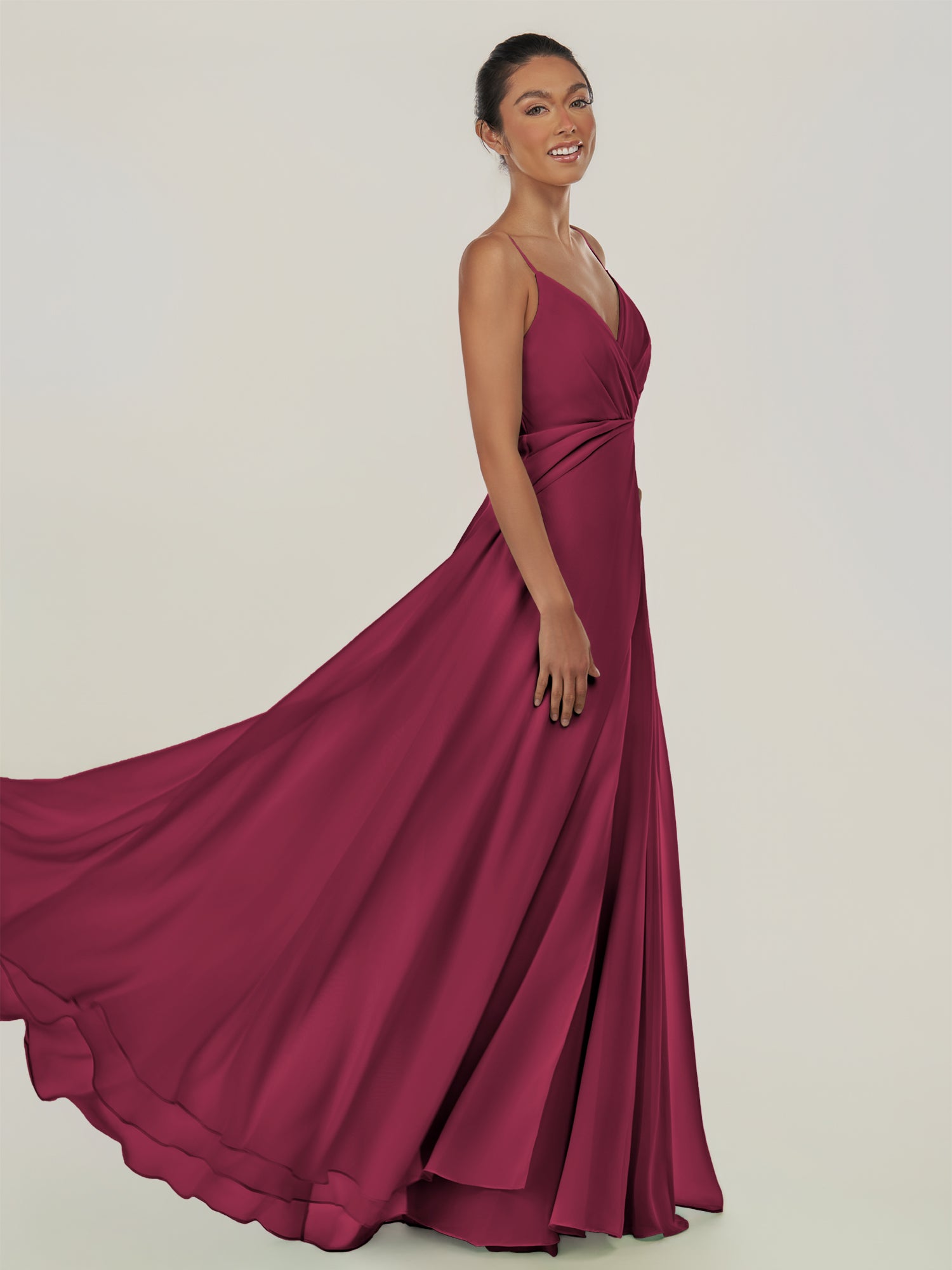 KissDress-Risa Desert Rose A Line Chiffon V Neck Long Bridesmaid Dress with Pleats