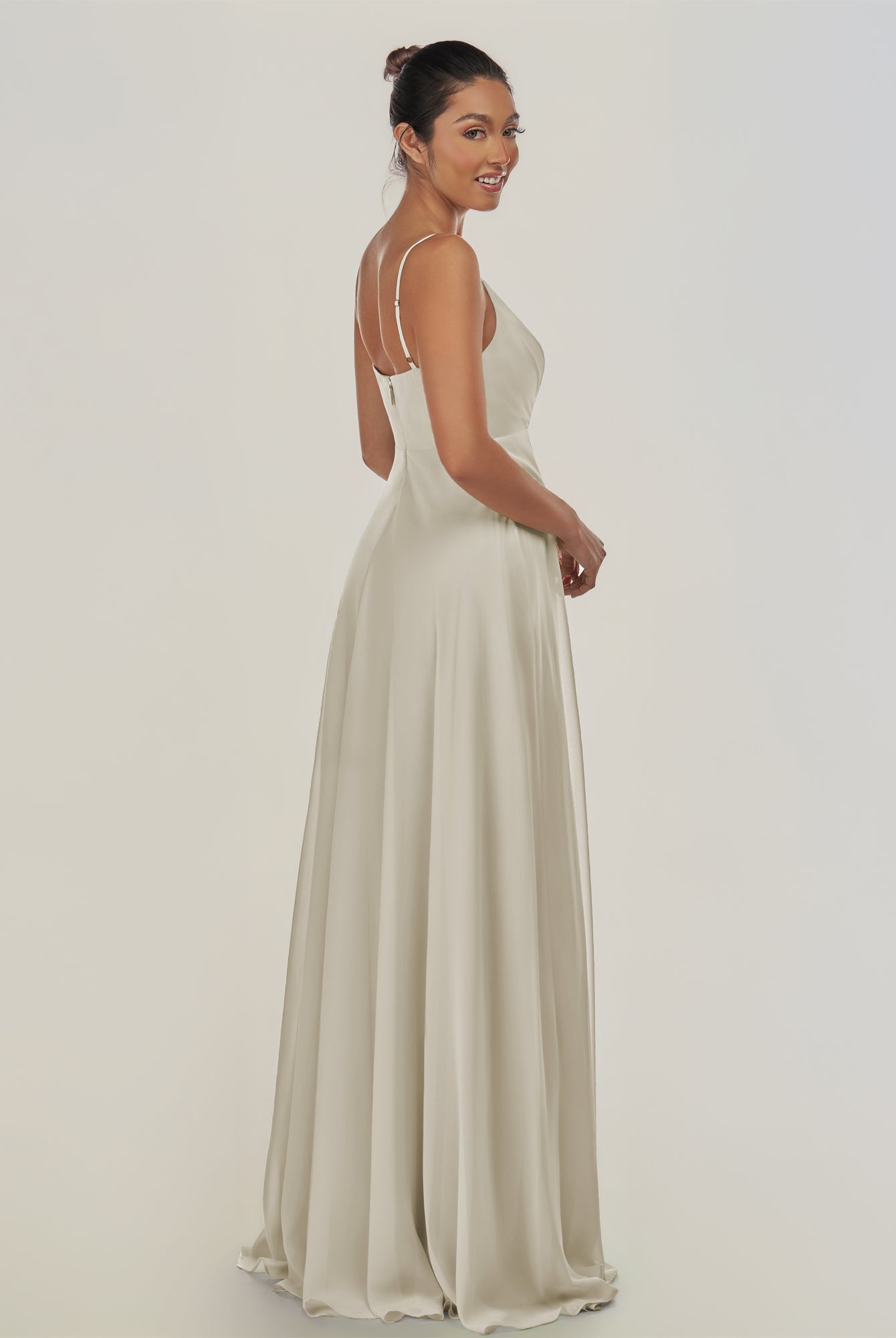 KissDress-Risa Dove Gray A Line Chiffon V Neck Long Bridesmaid Dress with Pleats