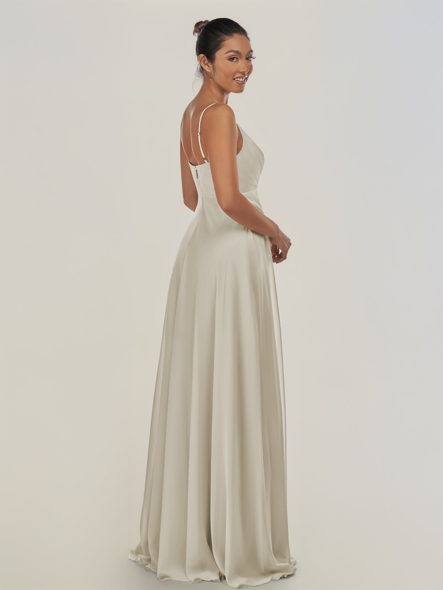 KissDress-Risa Dove Gray A Line Chiffon V Neck Long Bridesmaid Dress with Pleats