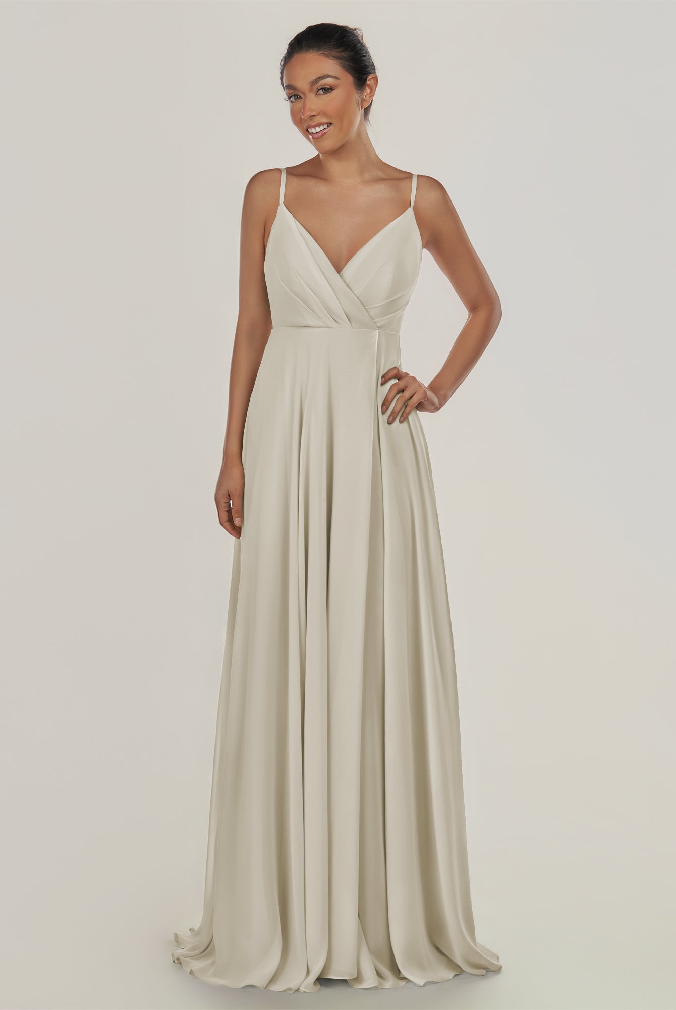 KissDress-Risa Dove Gray A Line Chiffon V Neck Long Bridesmaid Dress with Pleats