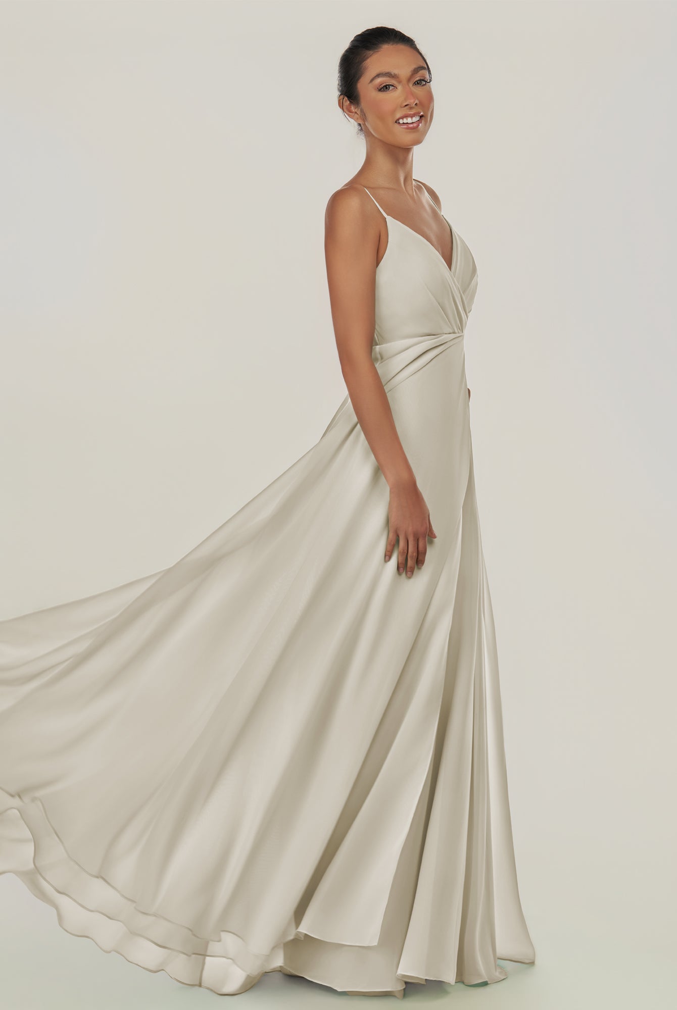 KissDress-Risa Dove Gray A Line Chiffon V Neck Long Bridesmaid Dress with Pleats