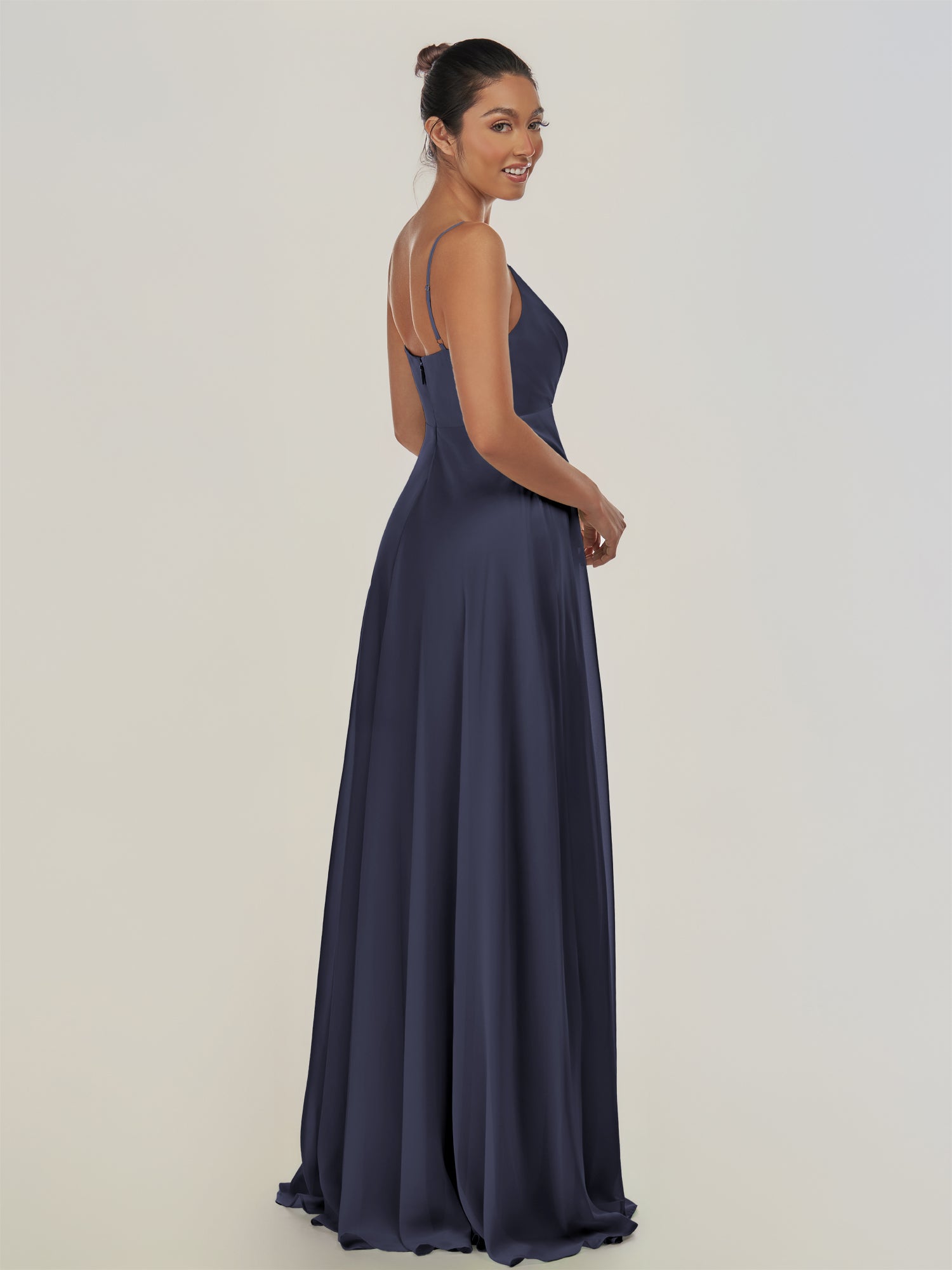 KissDress-Risa Dusk Blue A Line Chiffon V Neck Long Bridesmaid Dress with Pleats