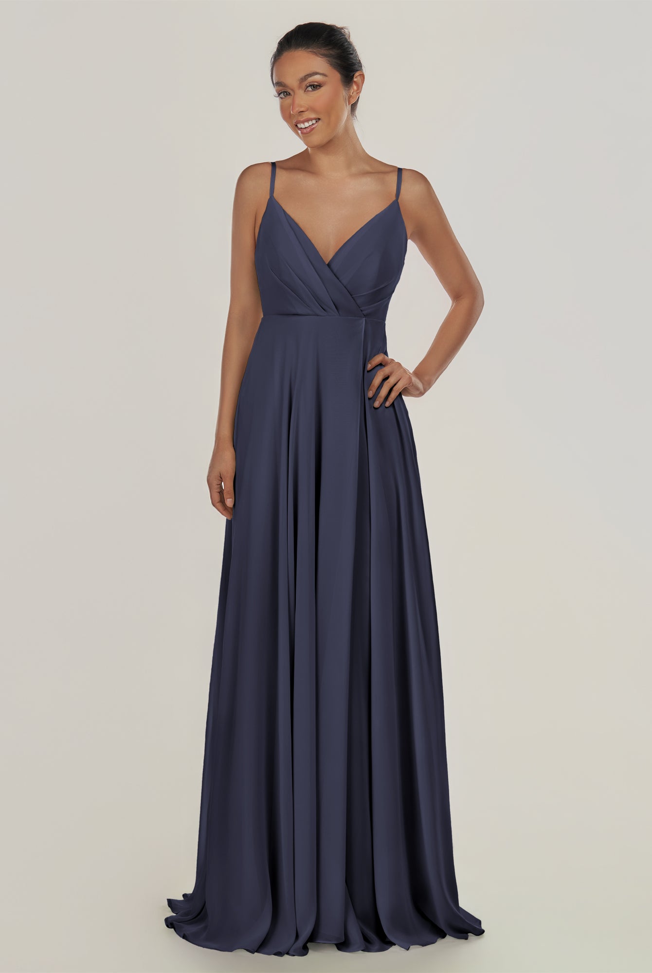 KissDress-Risa Dusk Blue A Line Chiffon V Neck Long Bridesmaid Dress with Pleats