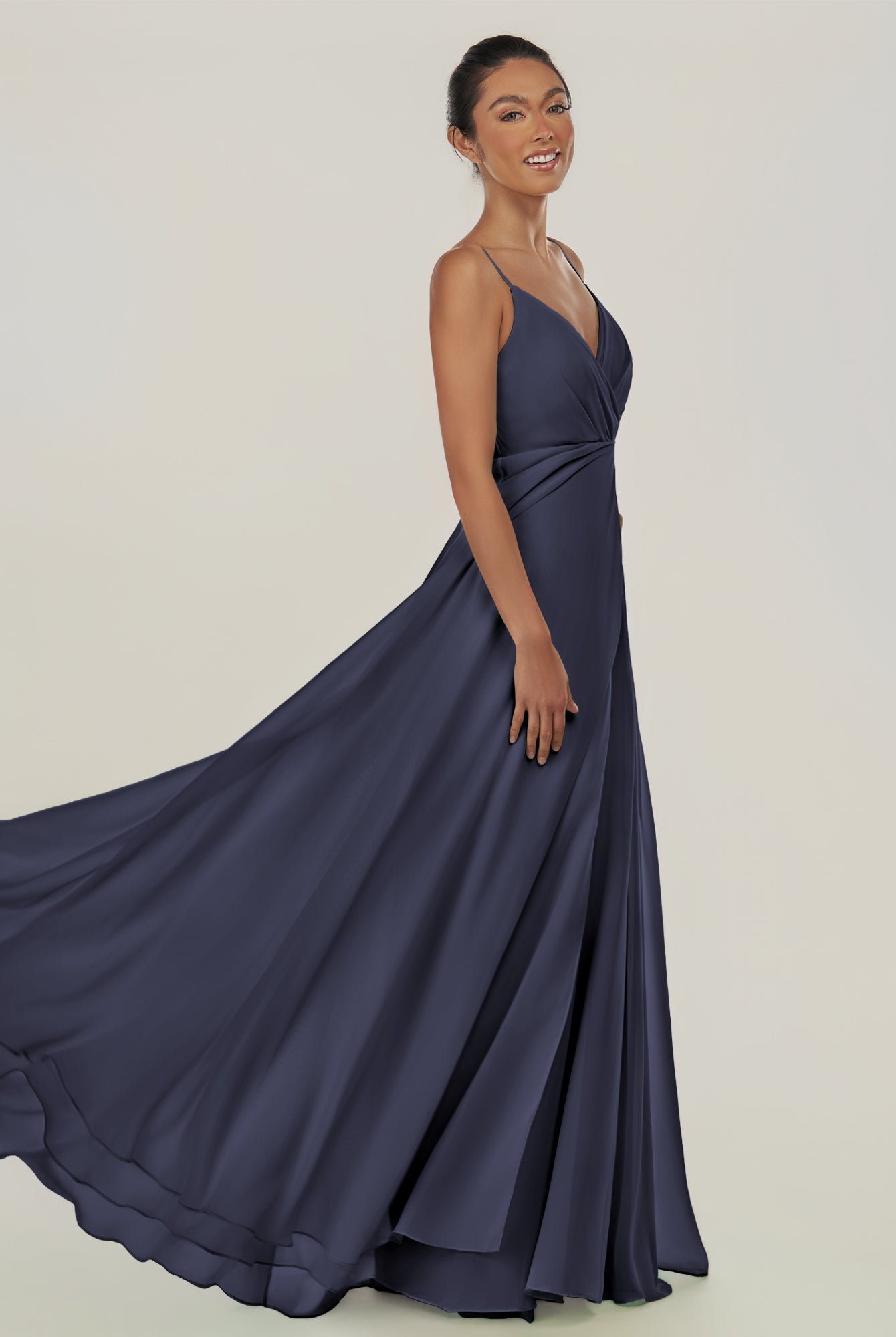 KissDress-Risa Dusk Blue A Line Chiffon V Neck Long Bridesmaid Dress with Pleats